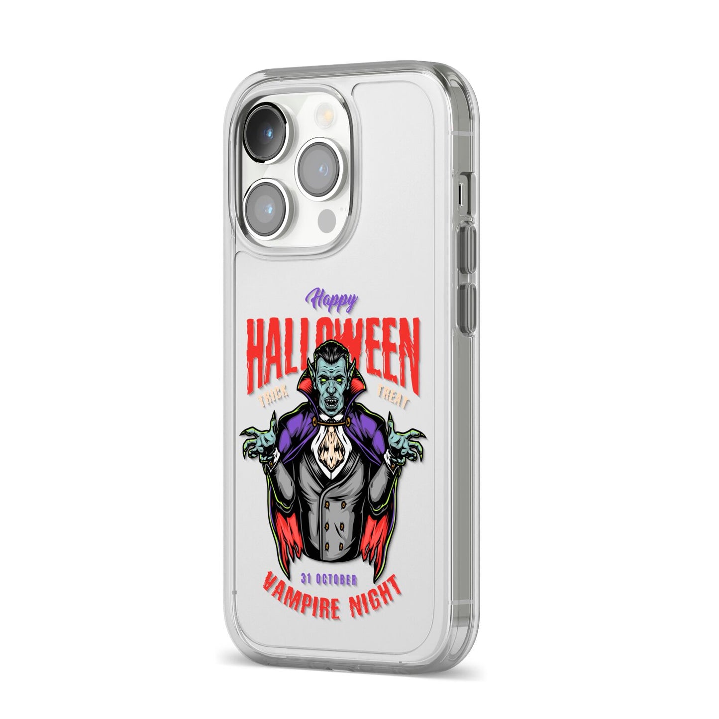 Vampire Night iPhone 14 Pro Clear Tough Case Silver Angled Image