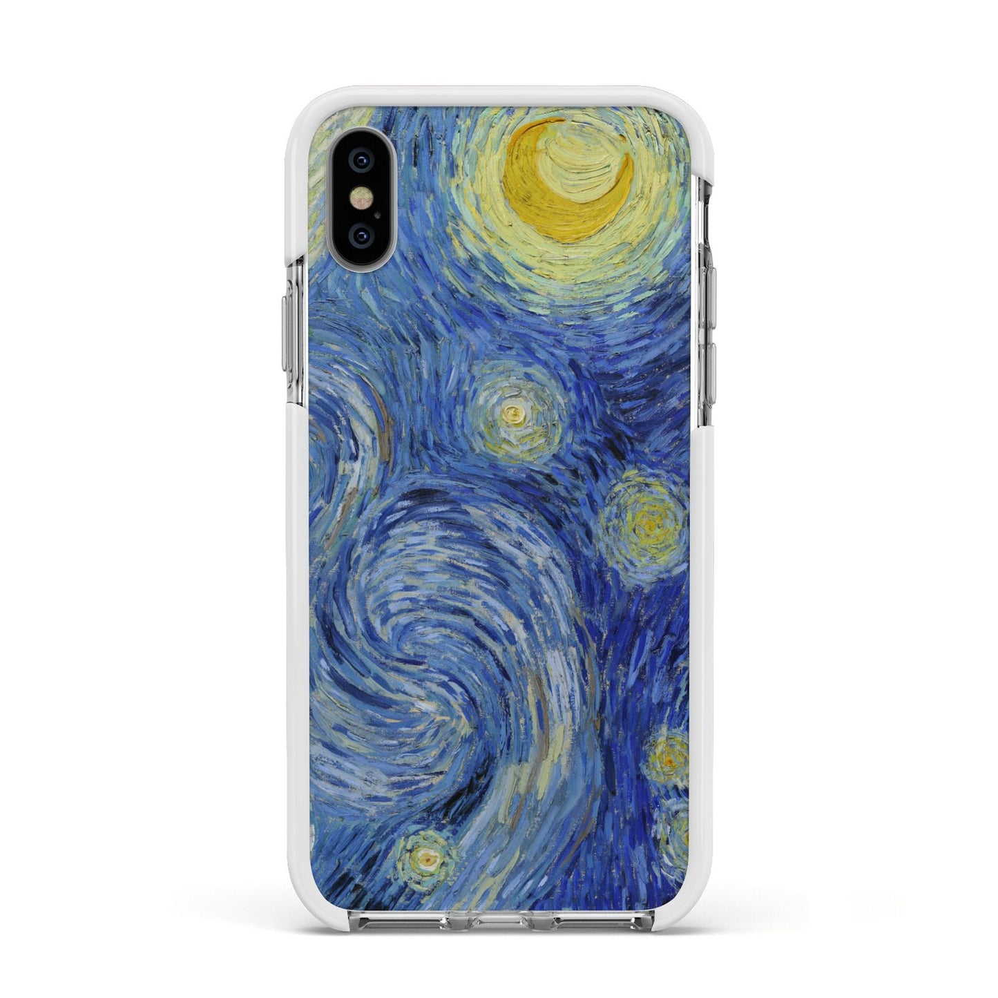 Van Gogh Starry Night Apple iPhone Xs Impact Case White Edge on Silver Phone