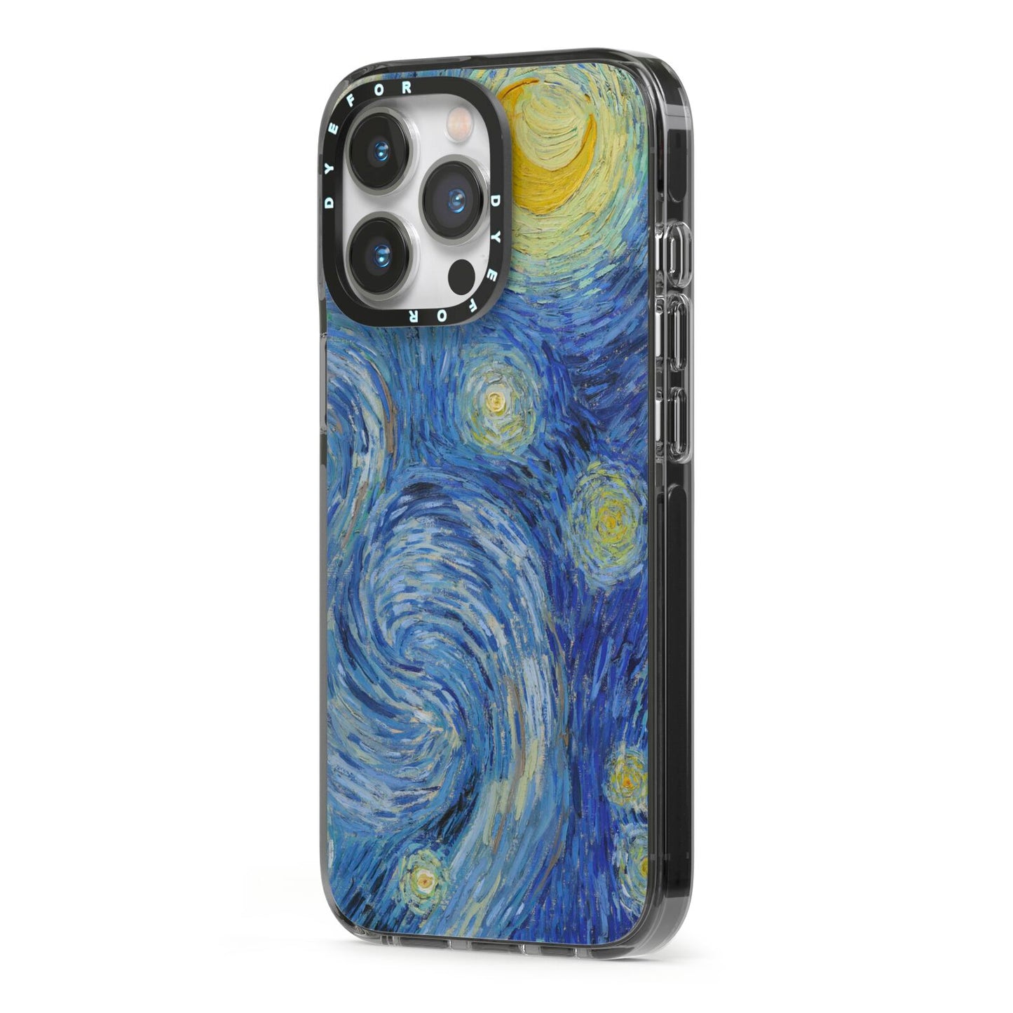Van Gogh Starry Night iPhone 13 Pro Black Impact Case Side Angle on Silver phone
