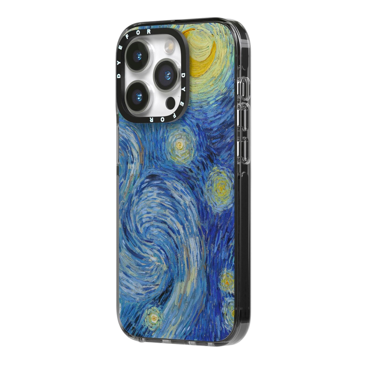 Van Gogh Starry Night iPhone 14 Pro Black Impact Case Side Angle on Silver phone