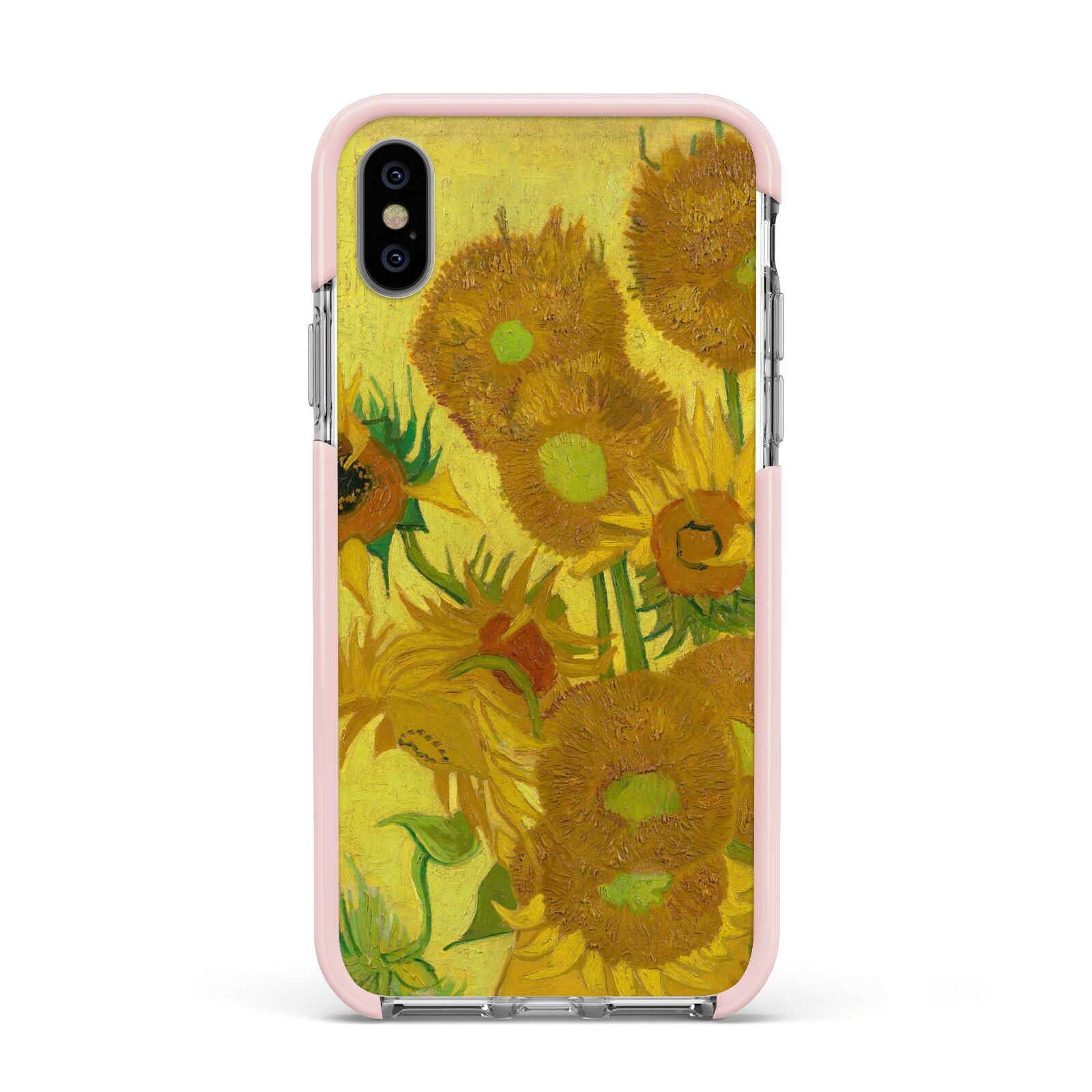 Van Gogh Sunflowers Apple iPhone Xs Impact Case Pink Edge on Silver Phone