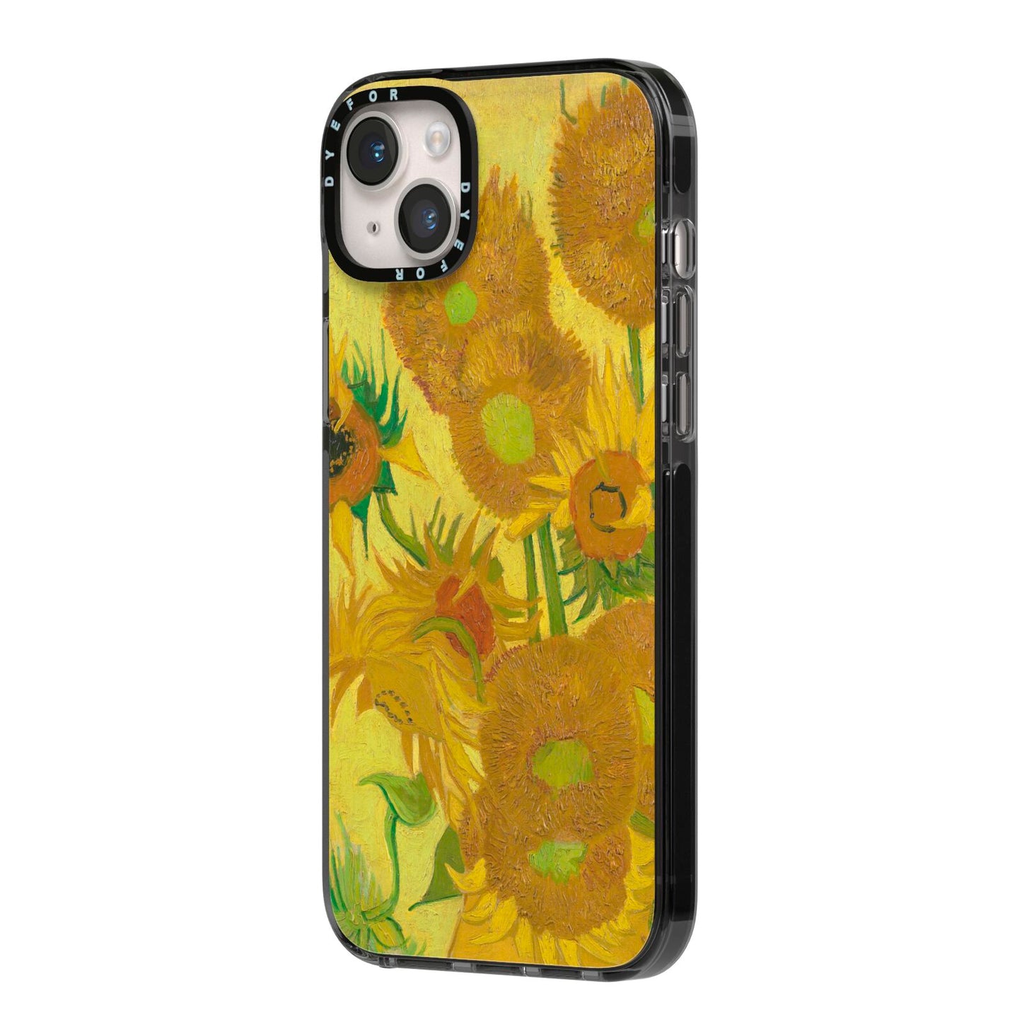 Van Gogh Sunflowers iPhone 14 Plus Black Impact Case Side Angle on Silver phone