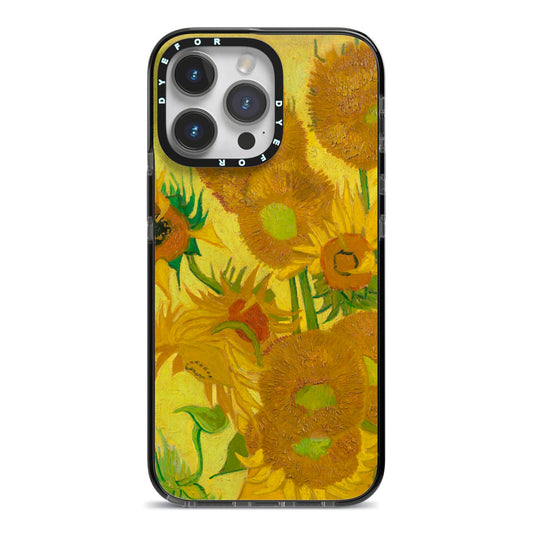 Van Gogh Sunflowers iPhone 14 Pro Max Black Impact Case on Silver phone