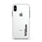 Vertical Name Apple iPhone Xs Impact Case White Edge on Silver Phone