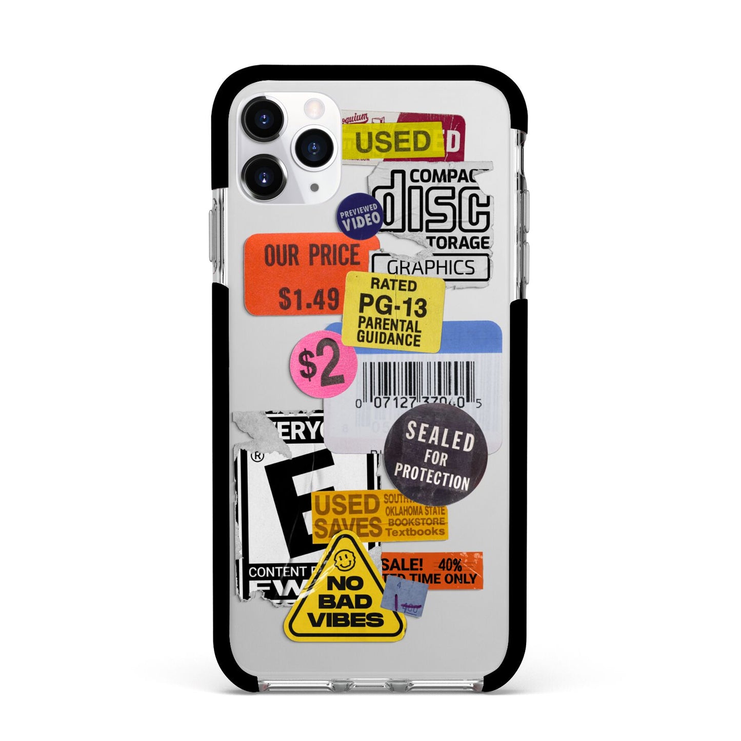 Vintage CD Stickers Apple iPhone 11 Pro Max in Silver with Black Impact Case