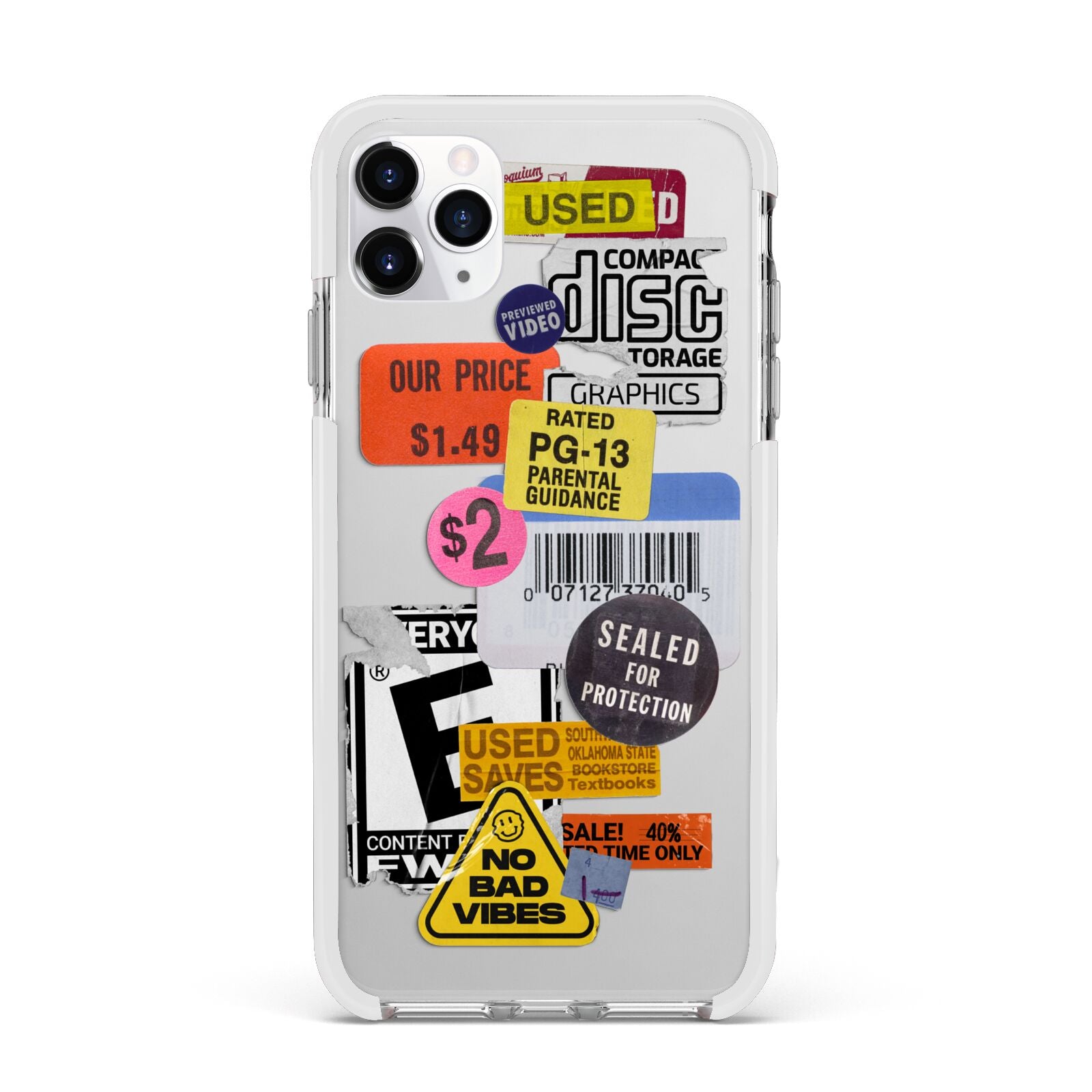 Vintage CD Stickers Apple iPhone 11 Pro Max in Silver with White Impact Case