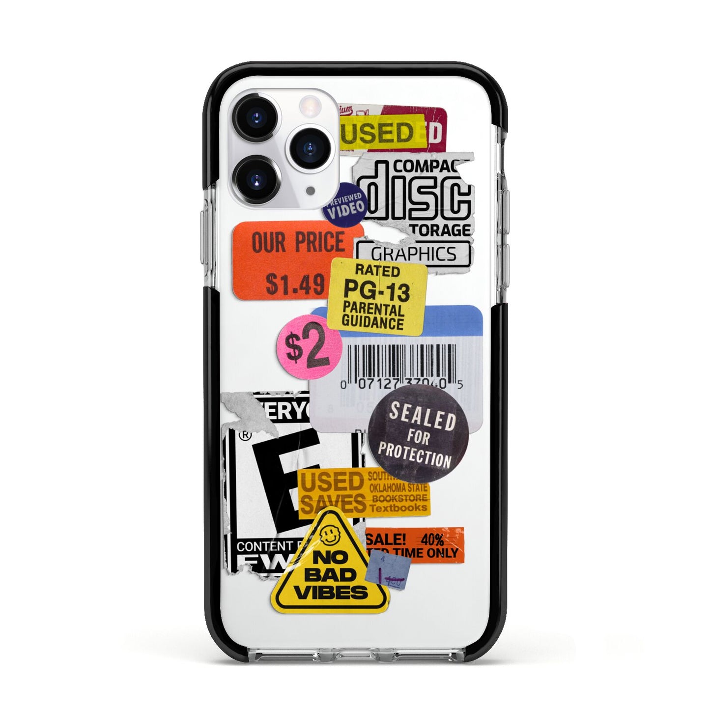 Vintage CD Stickers Apple iPhone 11 Pro in Silver with Black Impact Case