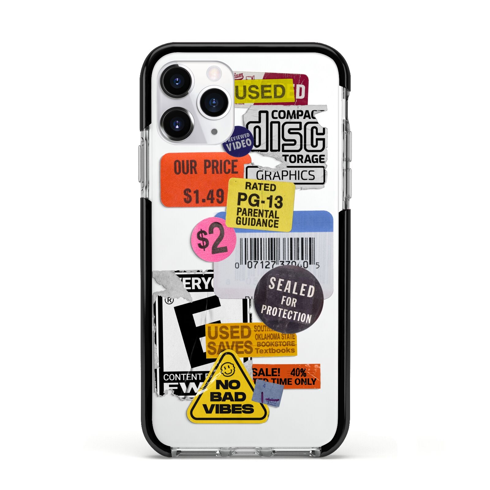 Vintage CD Stickers Apple iPhone 11 Pro in Silver with Black Impact Case