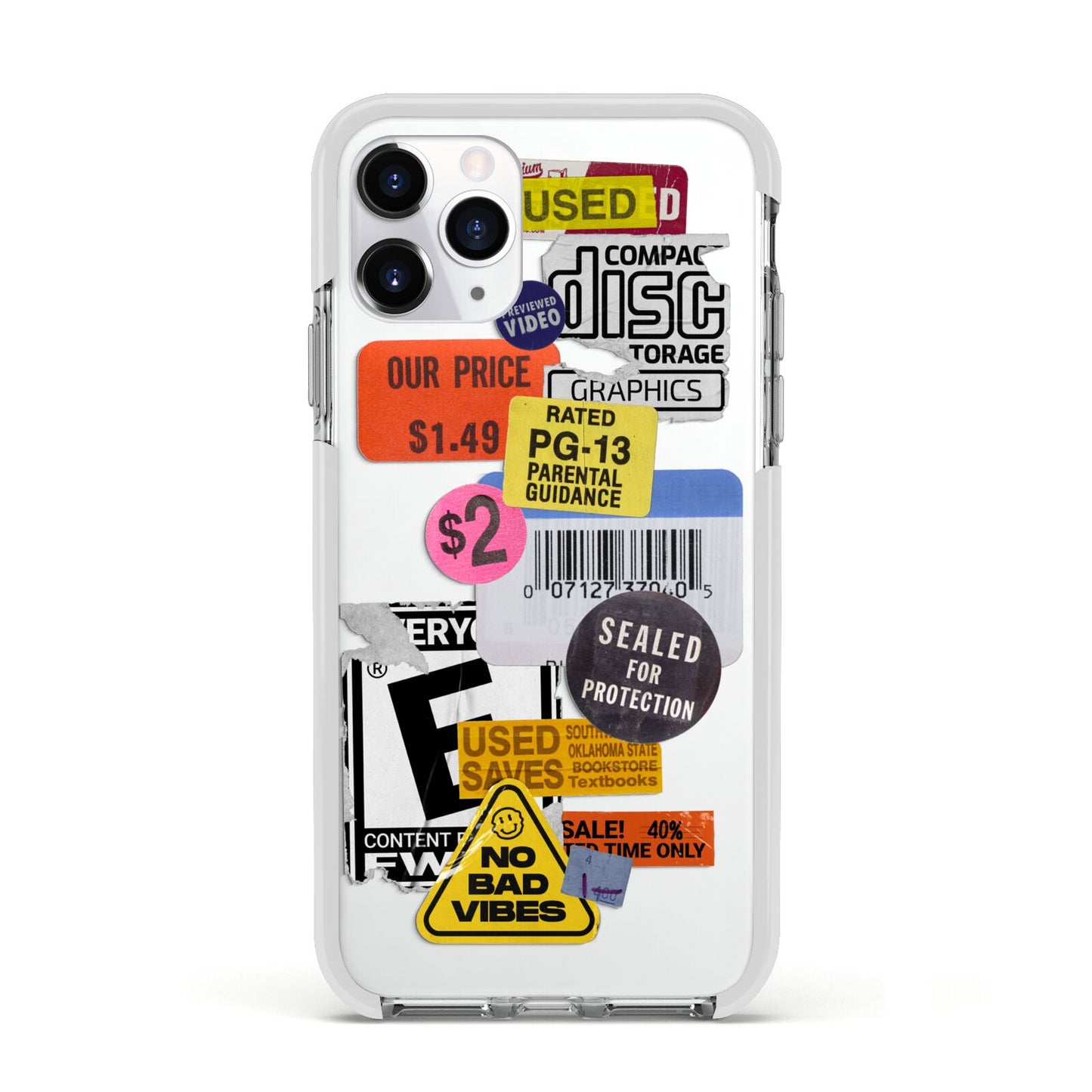 Vintage CD Stickers Apple iPhone 11 Pro in Silver with White Impact Case