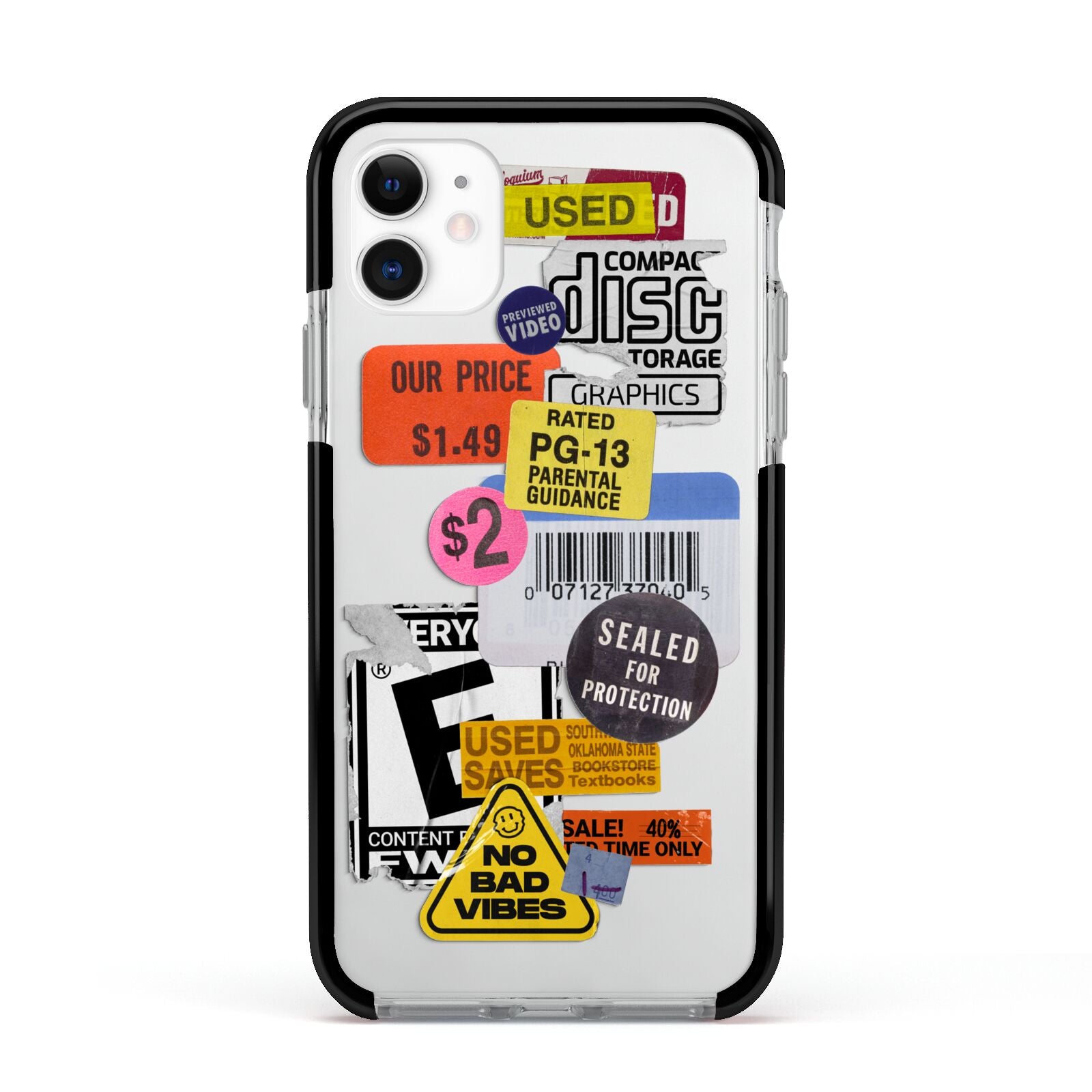 Vintage CD Stickers Apple iPhone 11 in White with Black Impact Case