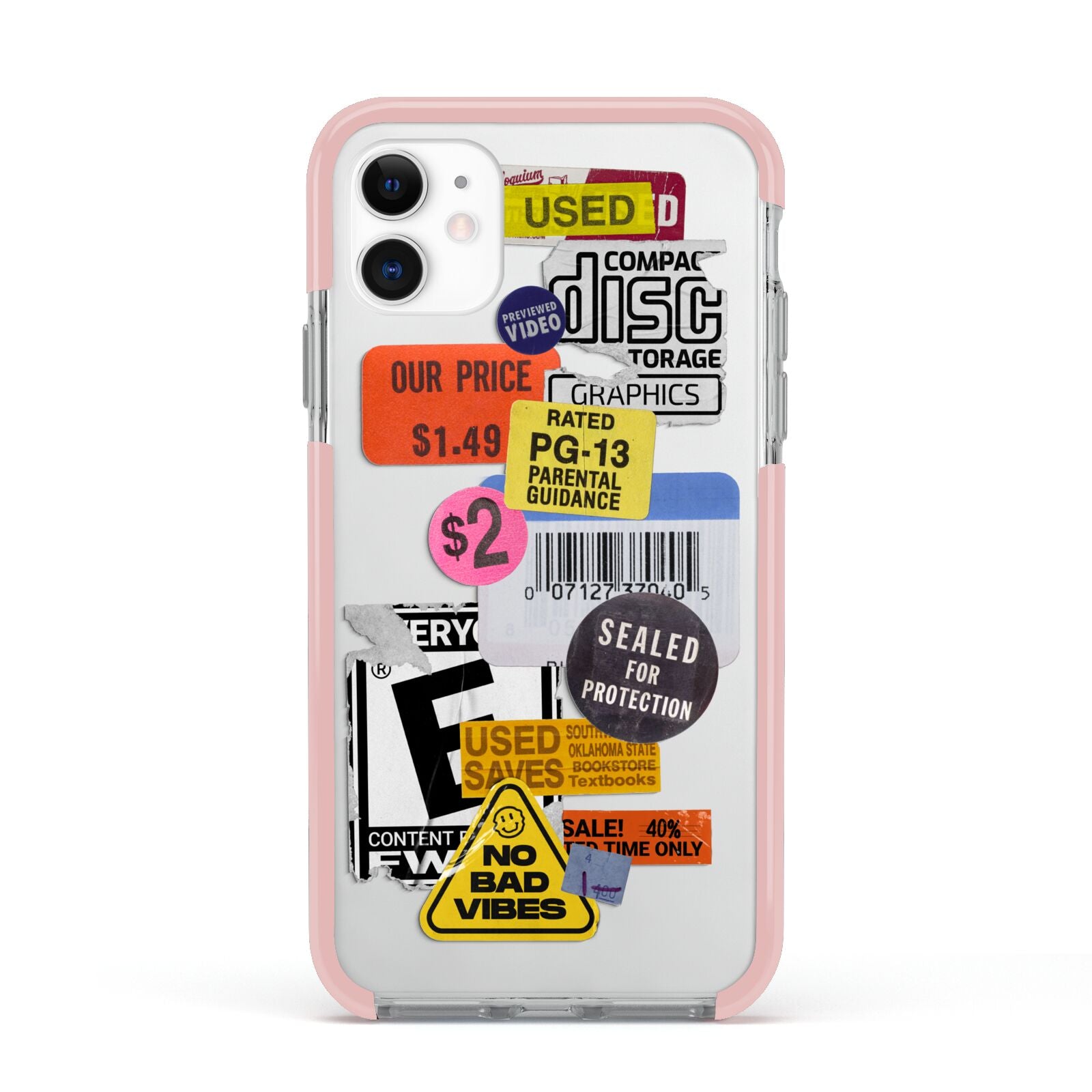 Vintage CD Stickers Apple iPhone 11 in White with Pink Impact Case