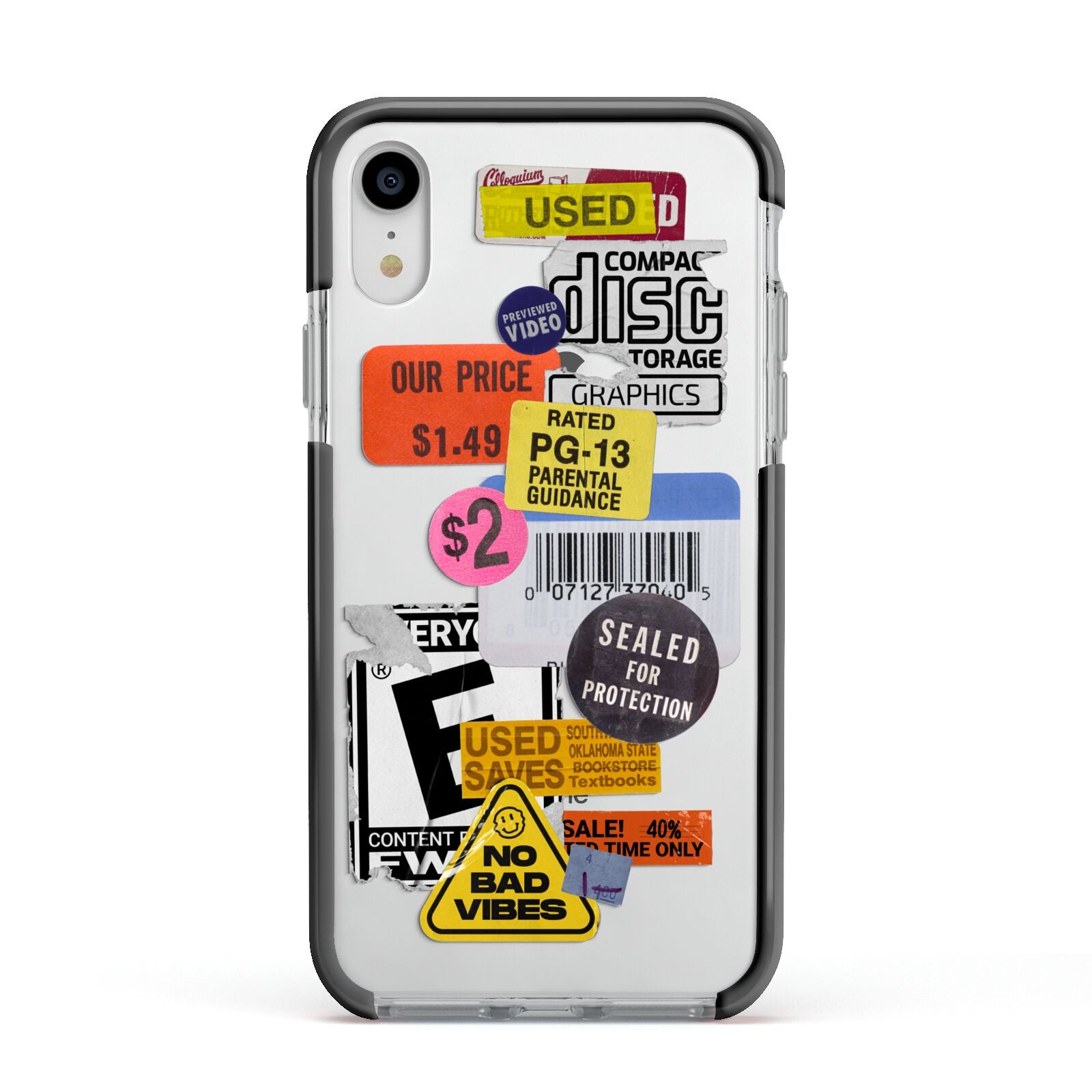 Vintage CD Stickers Apple iPhone XR Impact Case Black Edge on Silver Phone