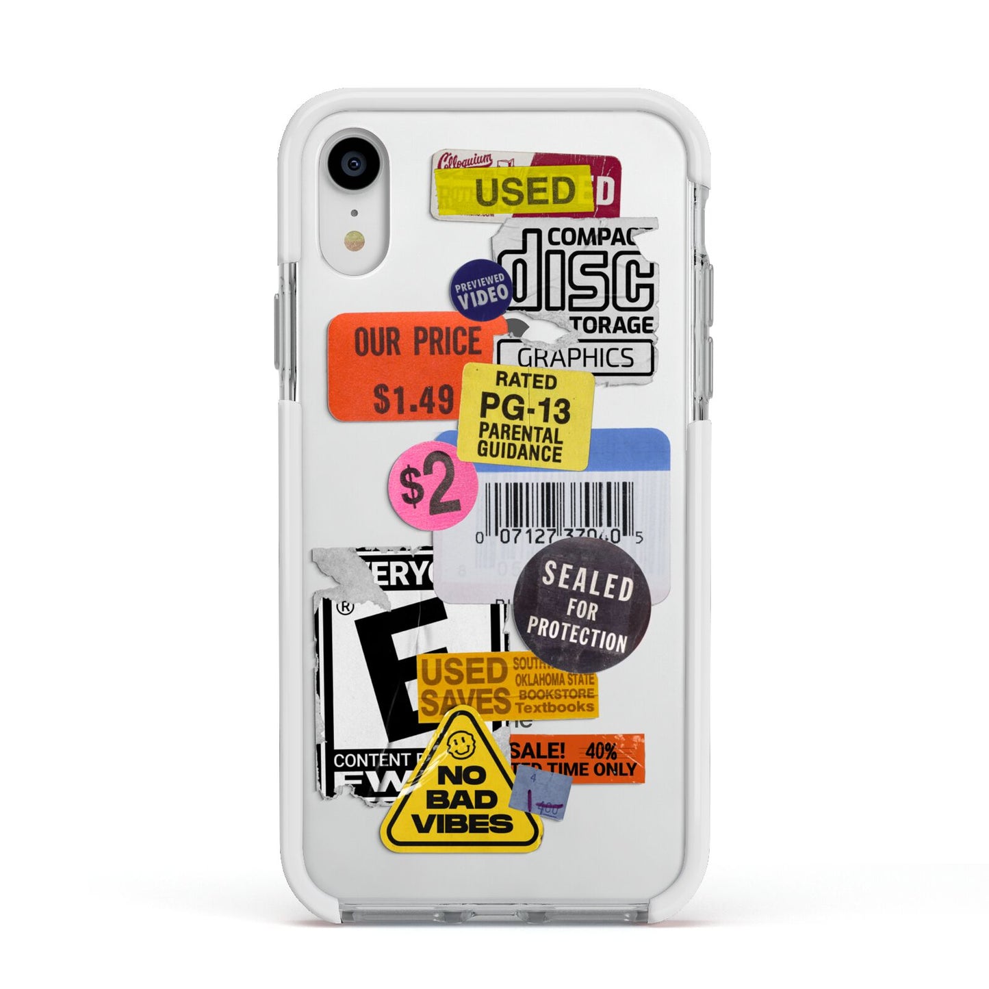 Vintage CD Stickers Apple iPhone XR Impact Case White Edge on Silver Phone