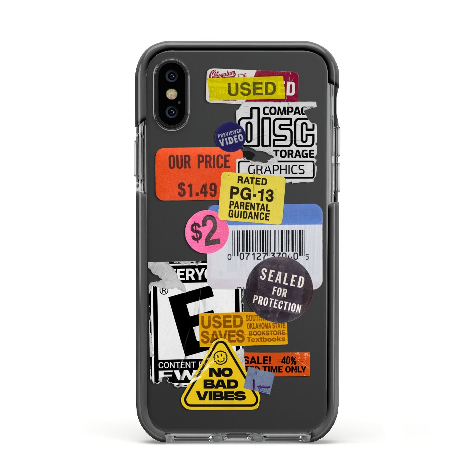 Vintage CD Stickers Apple iPhone Xs Impact Case Black Edge on Black Phone