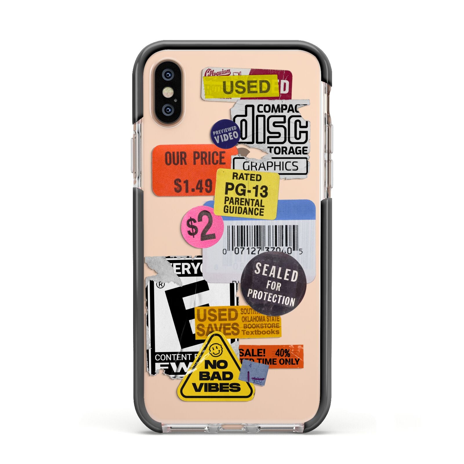 Vintage CD Stickers Apple iPhone Xs Impact Case Black Edge on Gold Phone