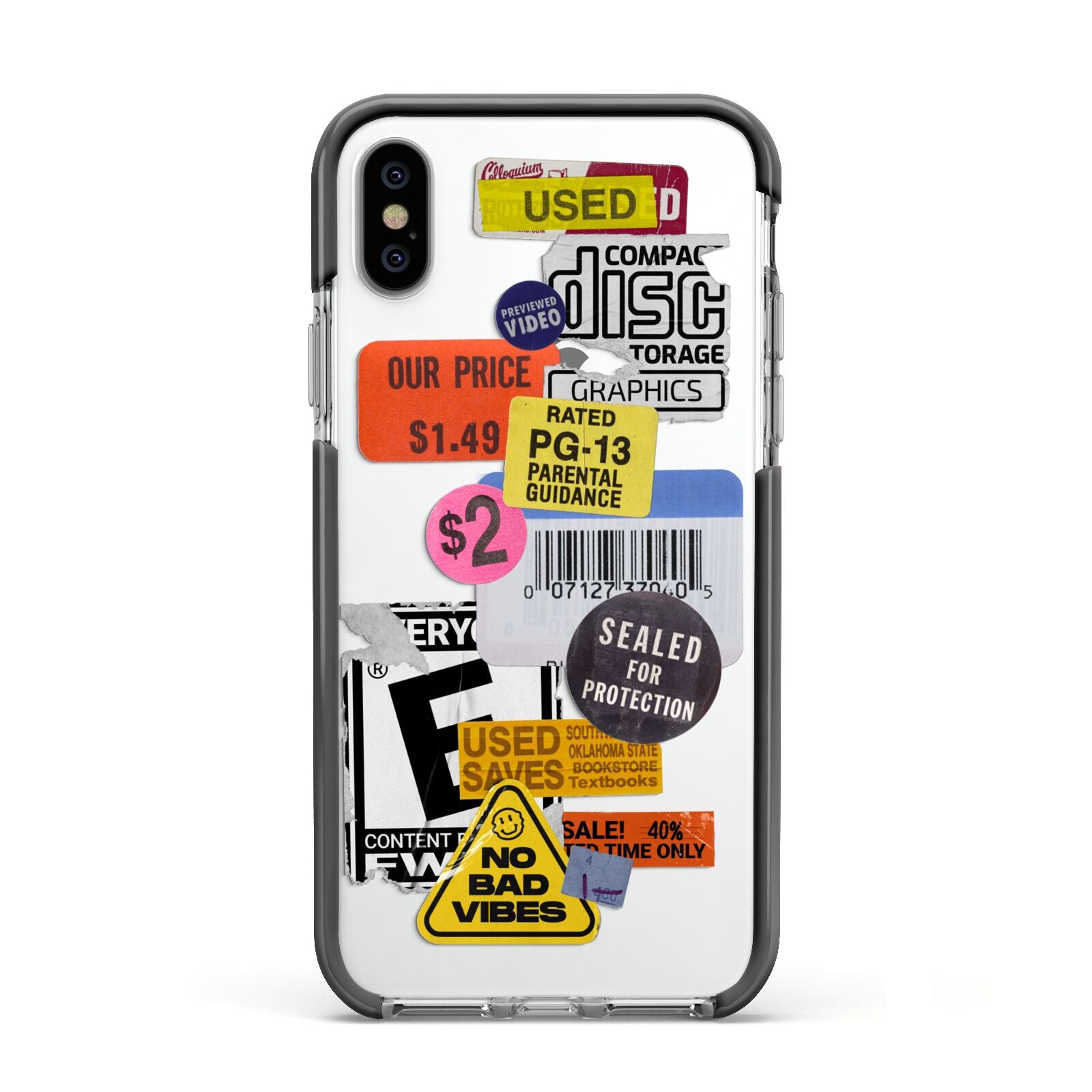 Vintage CD Stickers Apple iPhone Xs Impact Case Black Edge on Silver Phone