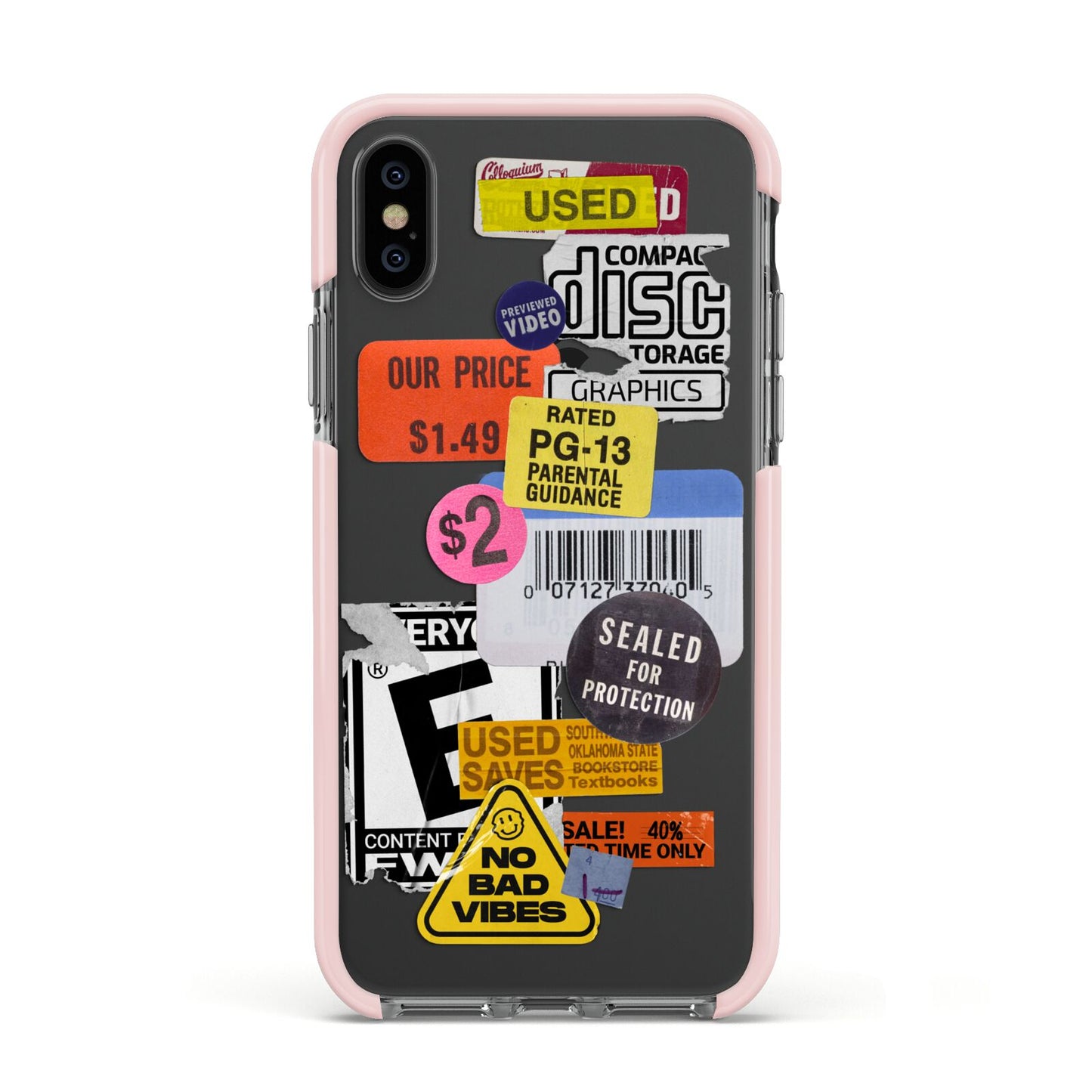Vintage CD Stickers Apple iPhone Xs Impact Case Pink Edge on Black Phone