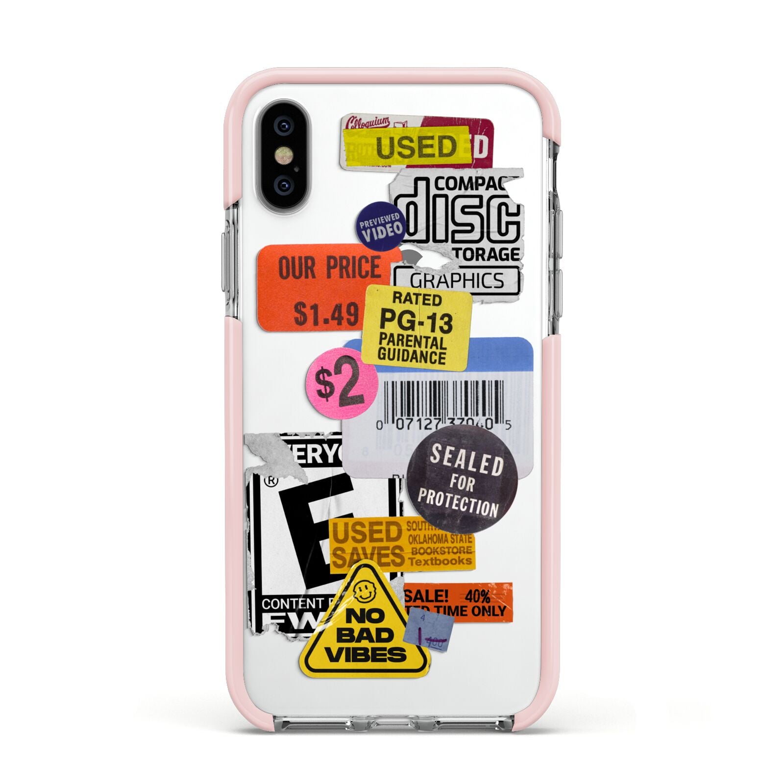 Vintage CD Stickers Apple iPhone Xs Impact Case Pink Edge on Silver Phone