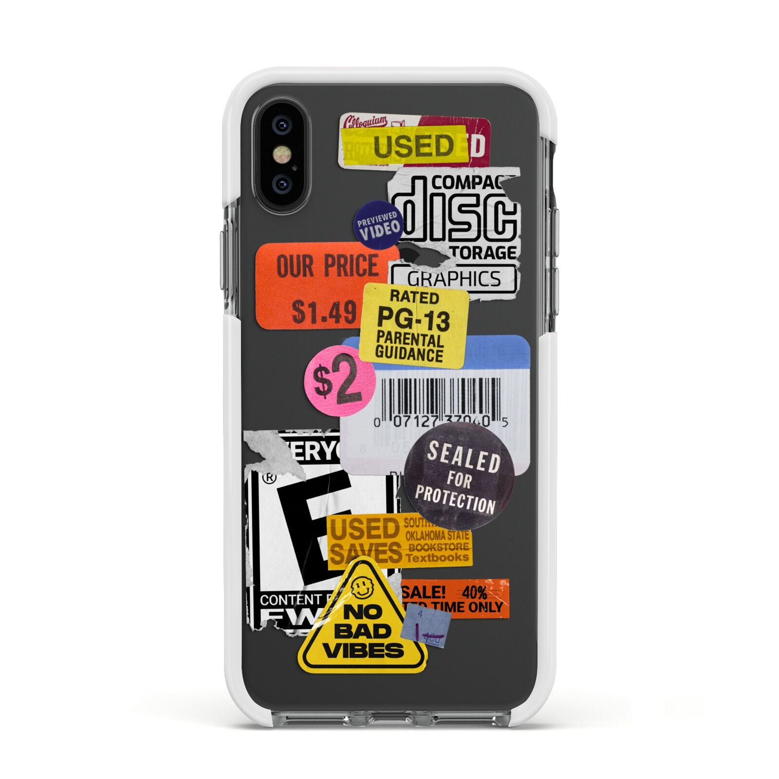 Vintage CD Stickers Apple iPhone Xs Impact Case White Edge on Black Phone