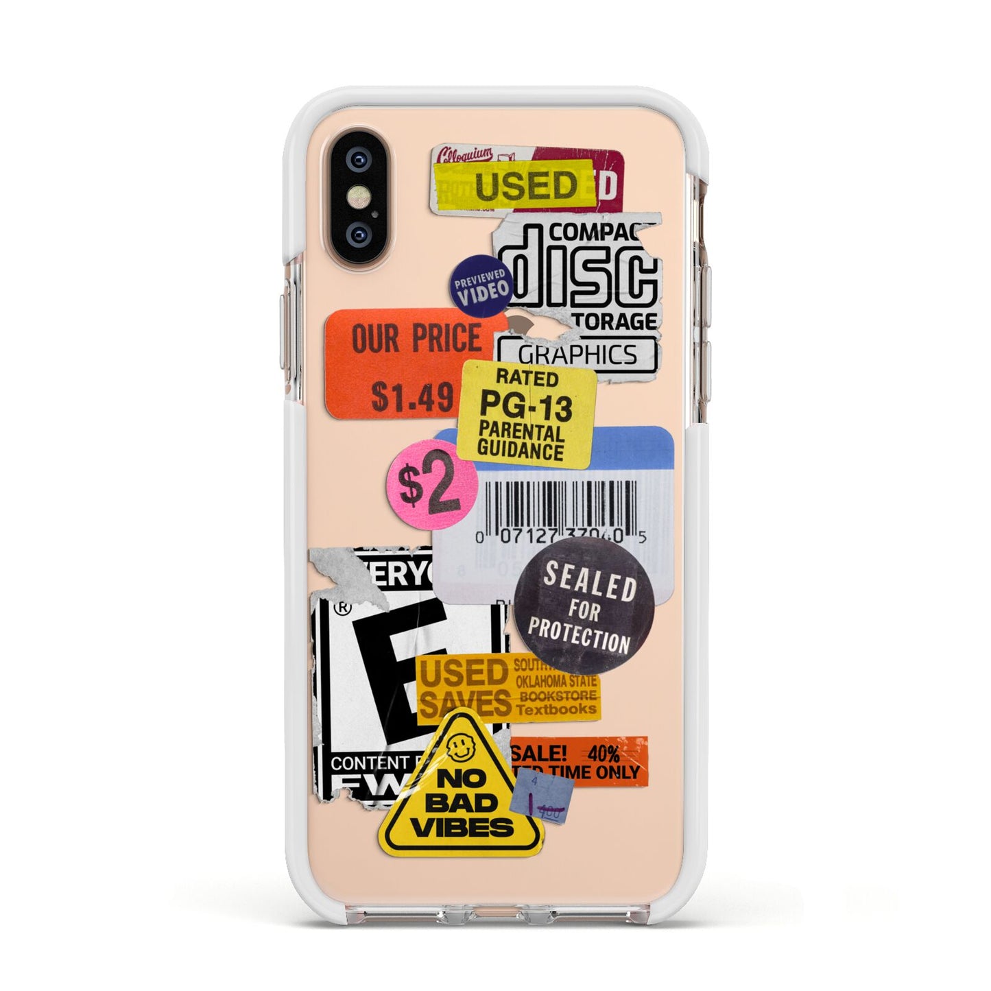 Vintage CD Stickers Apple iPhone Xs Impact Case White Edge on Gold Phone