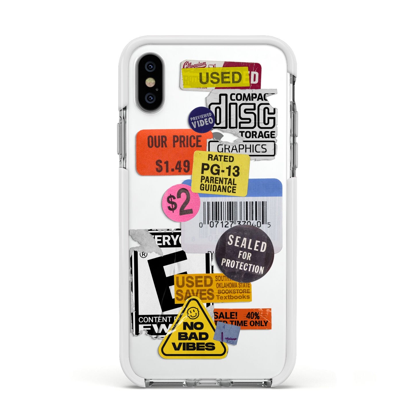 Vintage CD Stickers Apple iPhone Xs Impact Case White Edge on Silver Phone