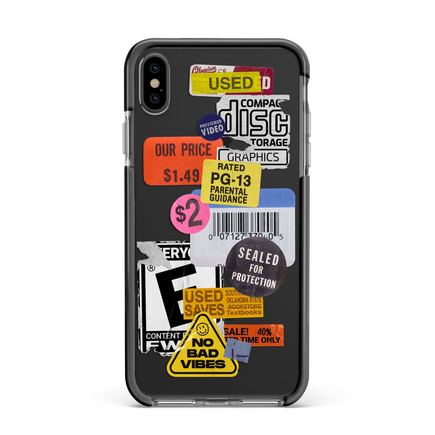 Vintage CD Stickers Apple iPhone Xs Max Impact Case Black Edge on Black Phone