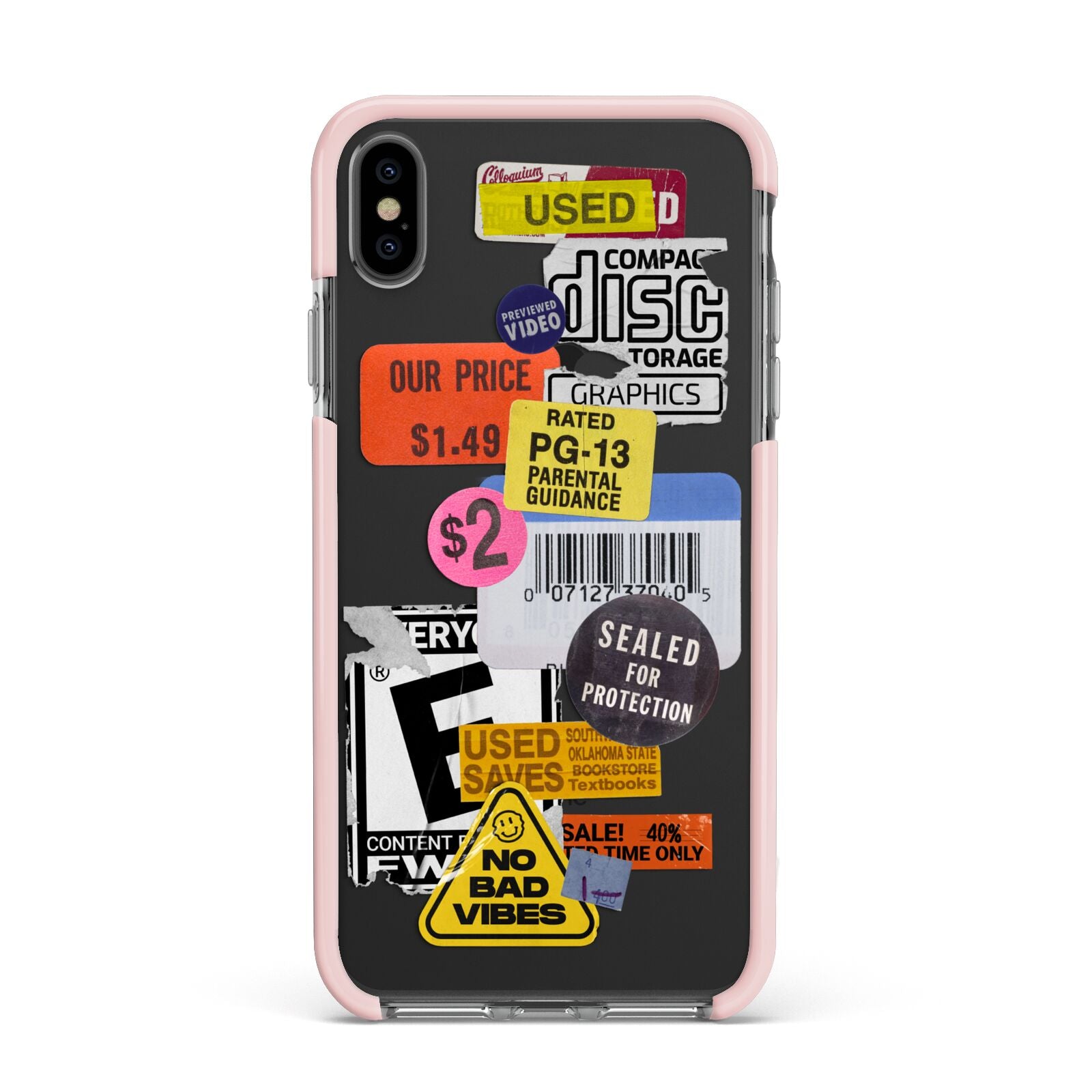 Vintage CD Stickers Apple iPhone Xs Max Impact Case Pink Edge on Black Phone