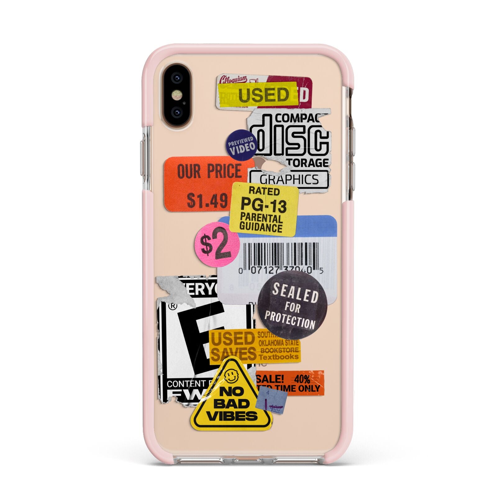 Vintage CD Stickers Apple iPhone Xs Max Impact Case Pink Edge on Gold Phone