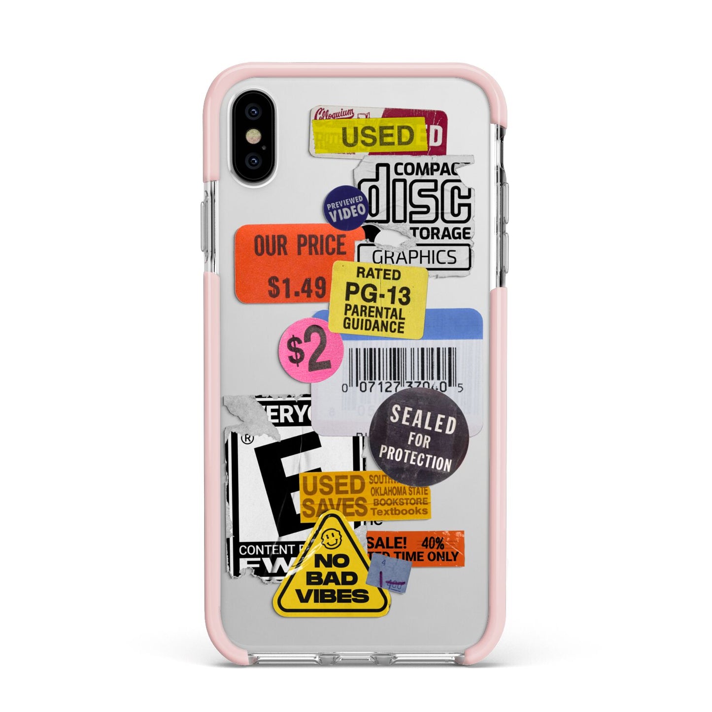 Vintage CD Stickers Apple iPhone Xs Max Impact Case Pink Edge on Silver Phone