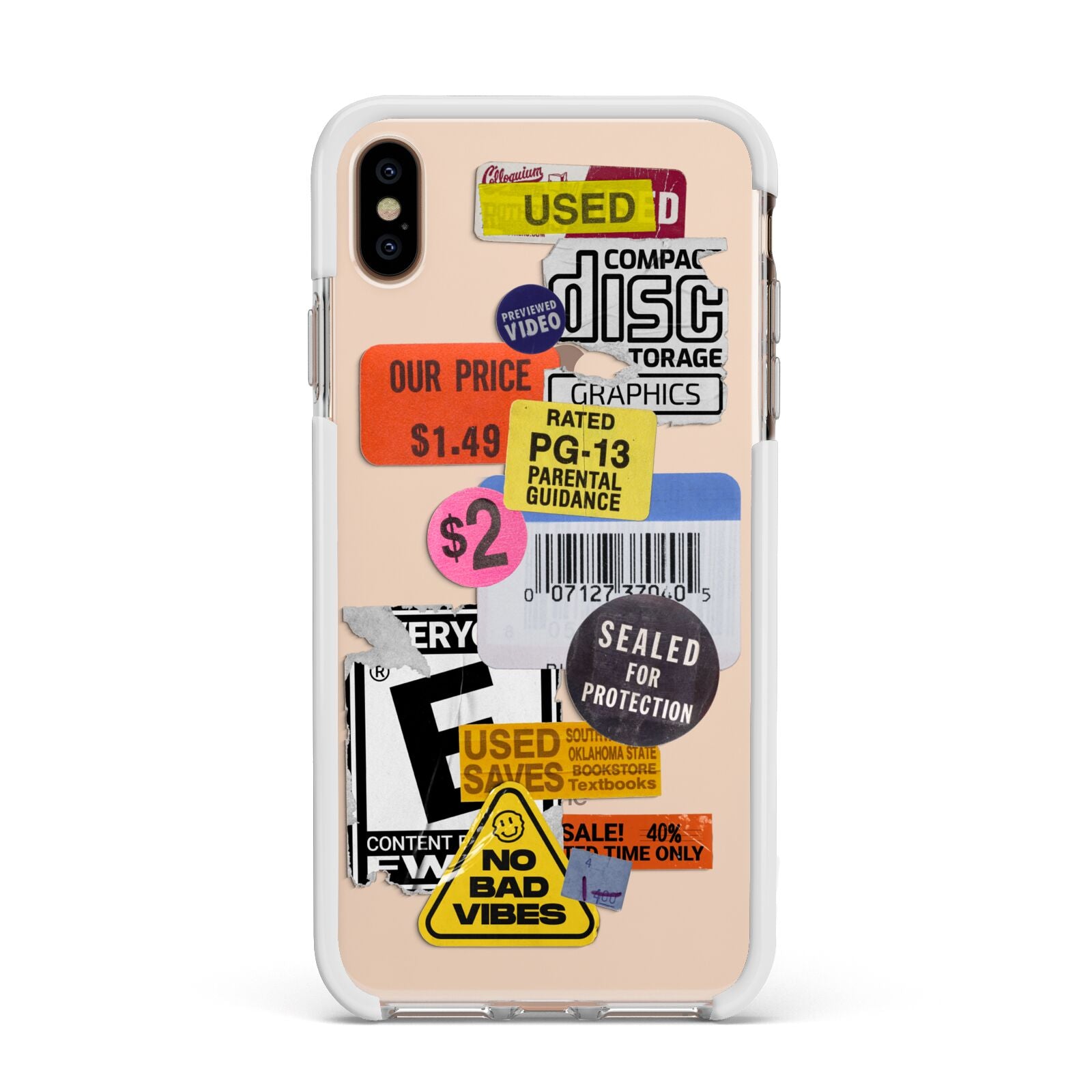 Vintage CD Stickers Apple iPhone Xs Max Impact Case White Edge on Gold Phone