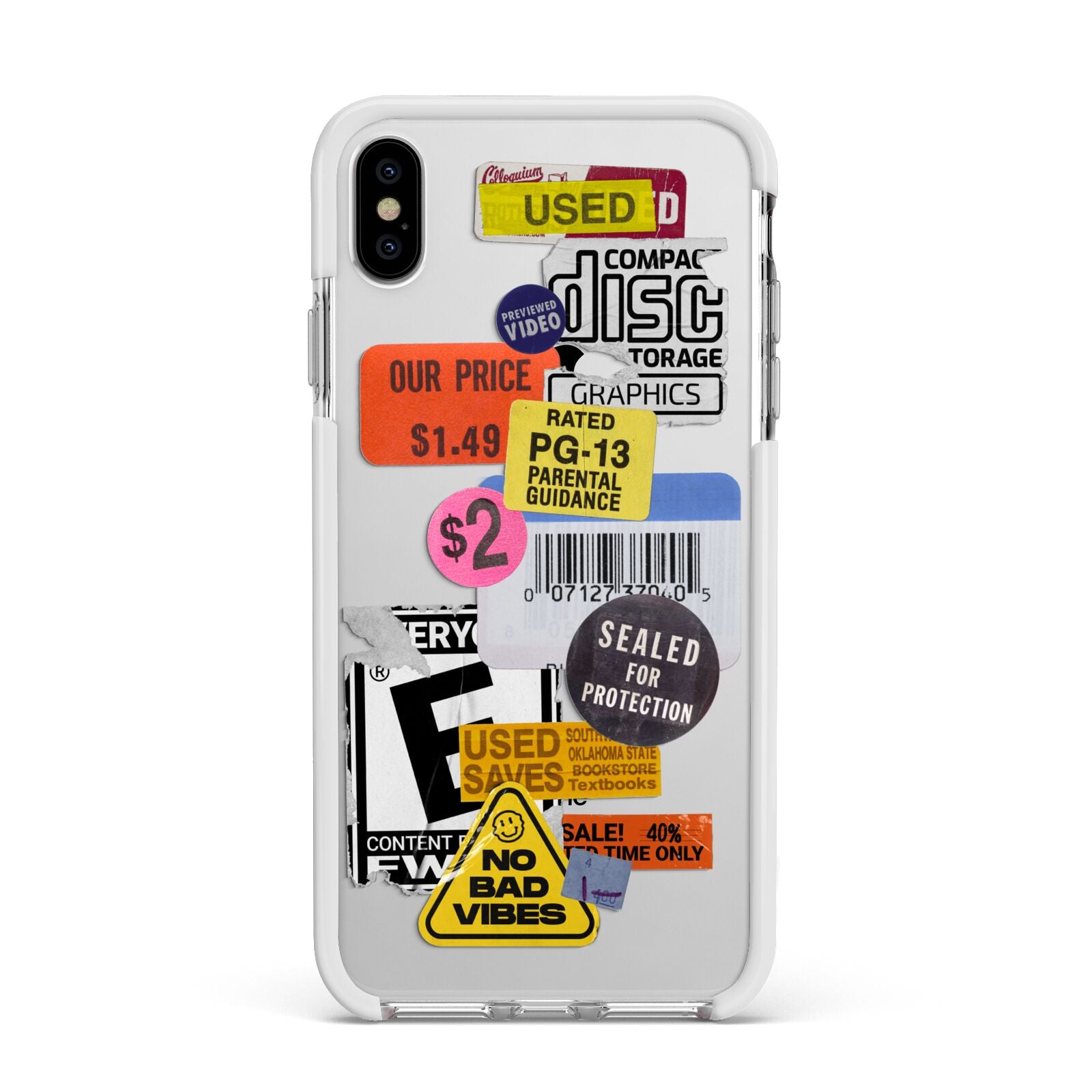 Vintage CD Stickers Apple iPhone Xs Max Impact Case White Edge on Silver Phone