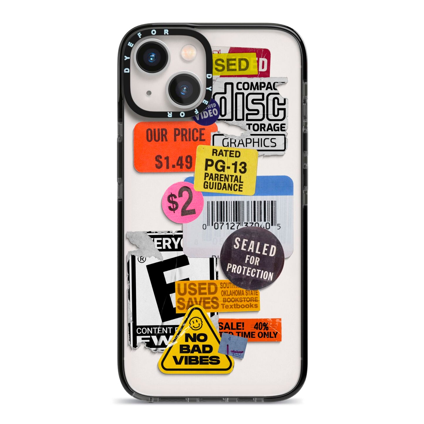 Vintage CD Stickers iPhone 13 Black Impact Case on Silver phone