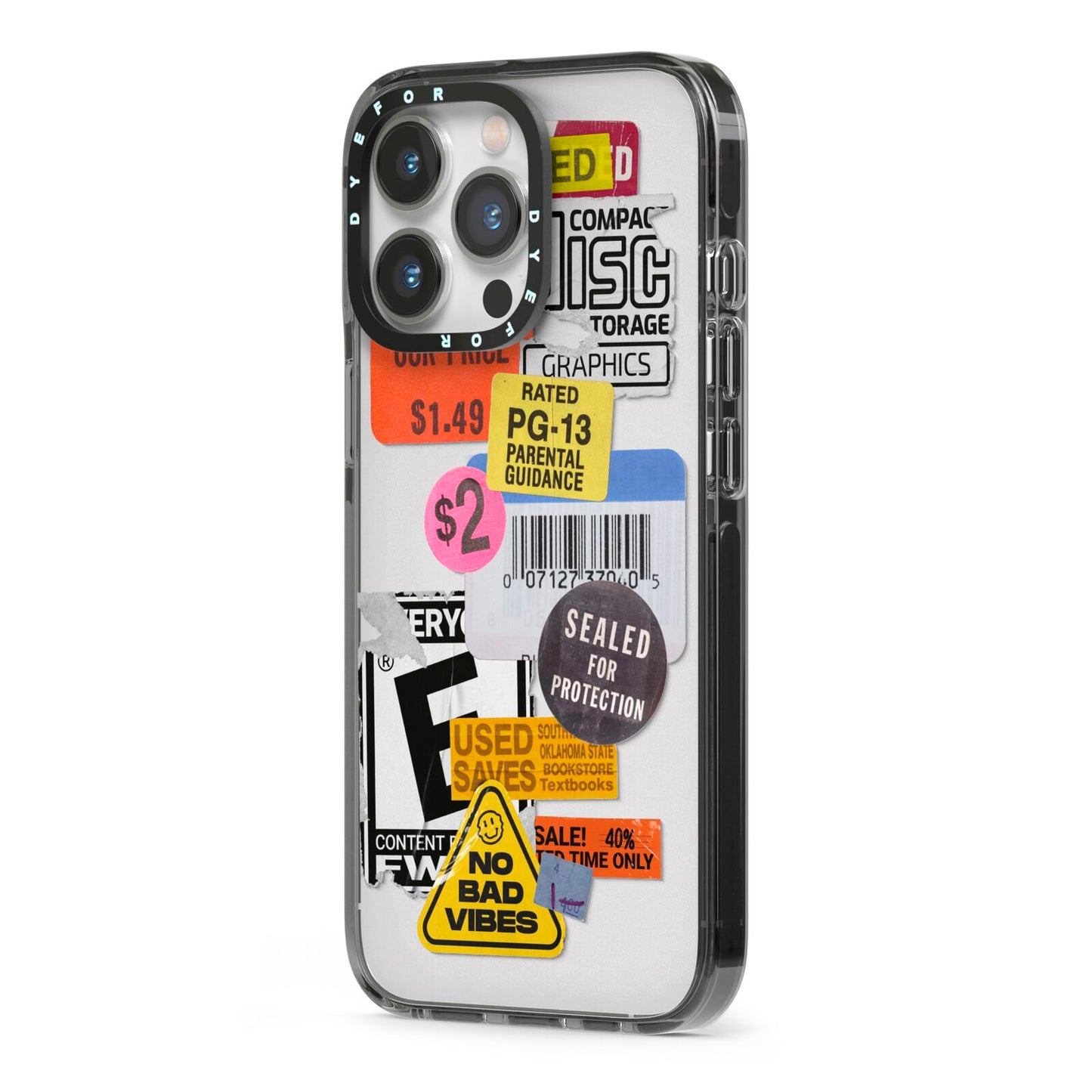 Vintage CD Stickers iPhone 13 Pro Black Impact Case Side Angle on Silver phone