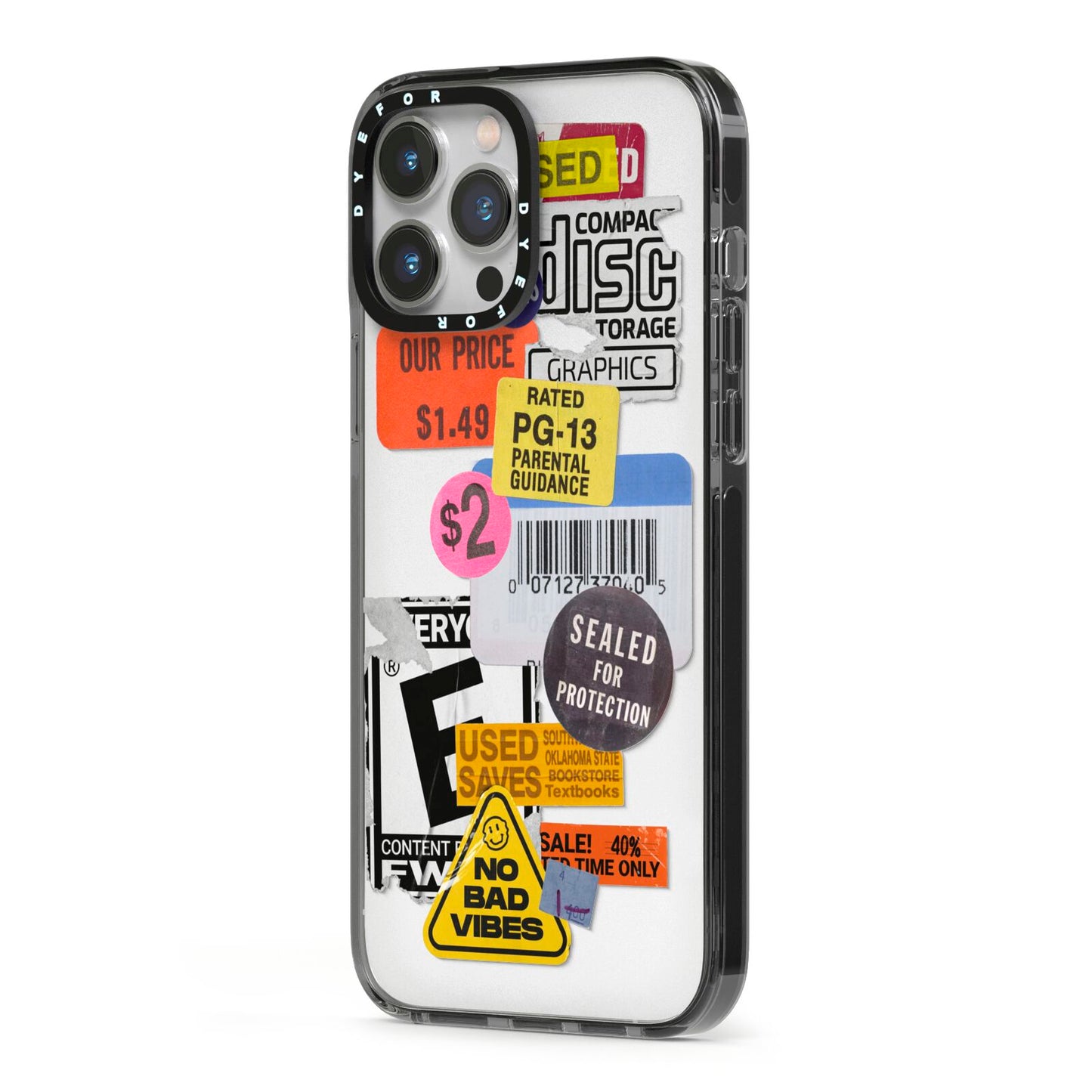 Vintage CD Stickers iPhone 13 Pro Max Black Impact Case Side Angle on Silver phone