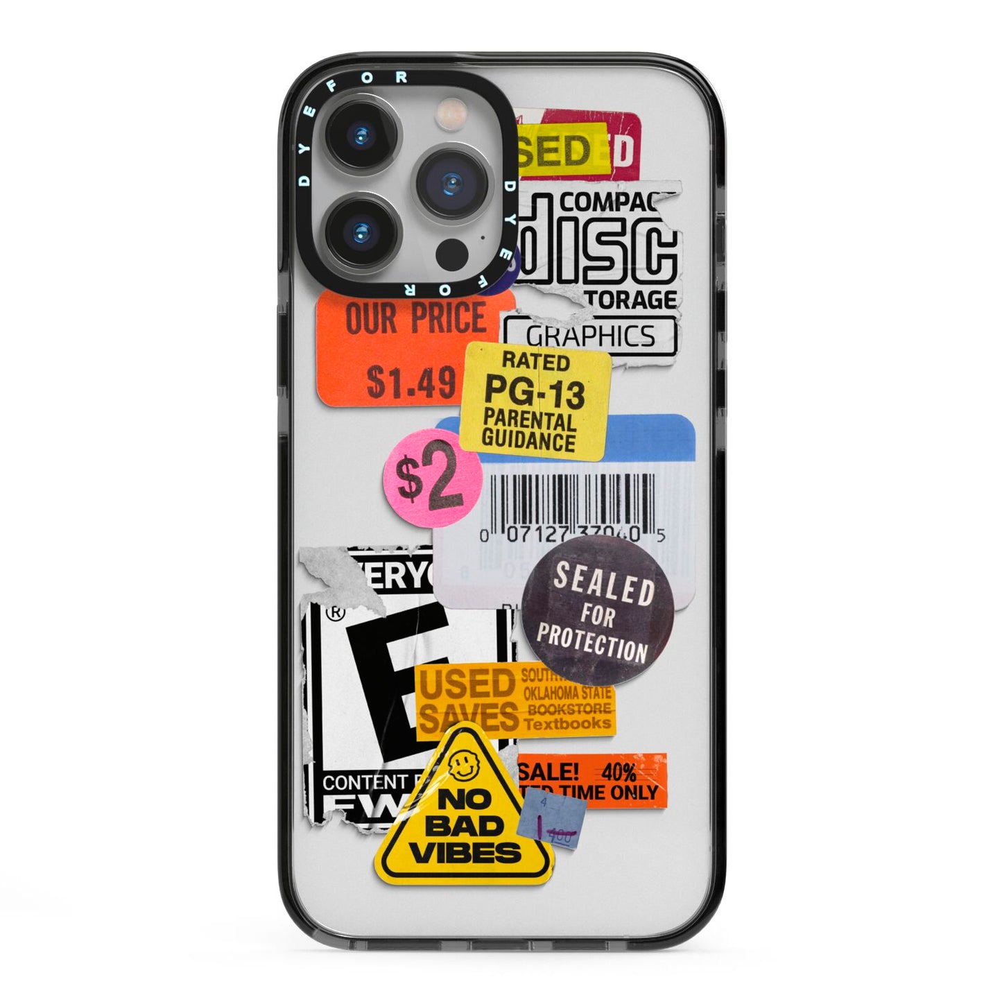 Vintage CD Stickers iPhone 13 Pro Max Black Impact Case on Silver phone