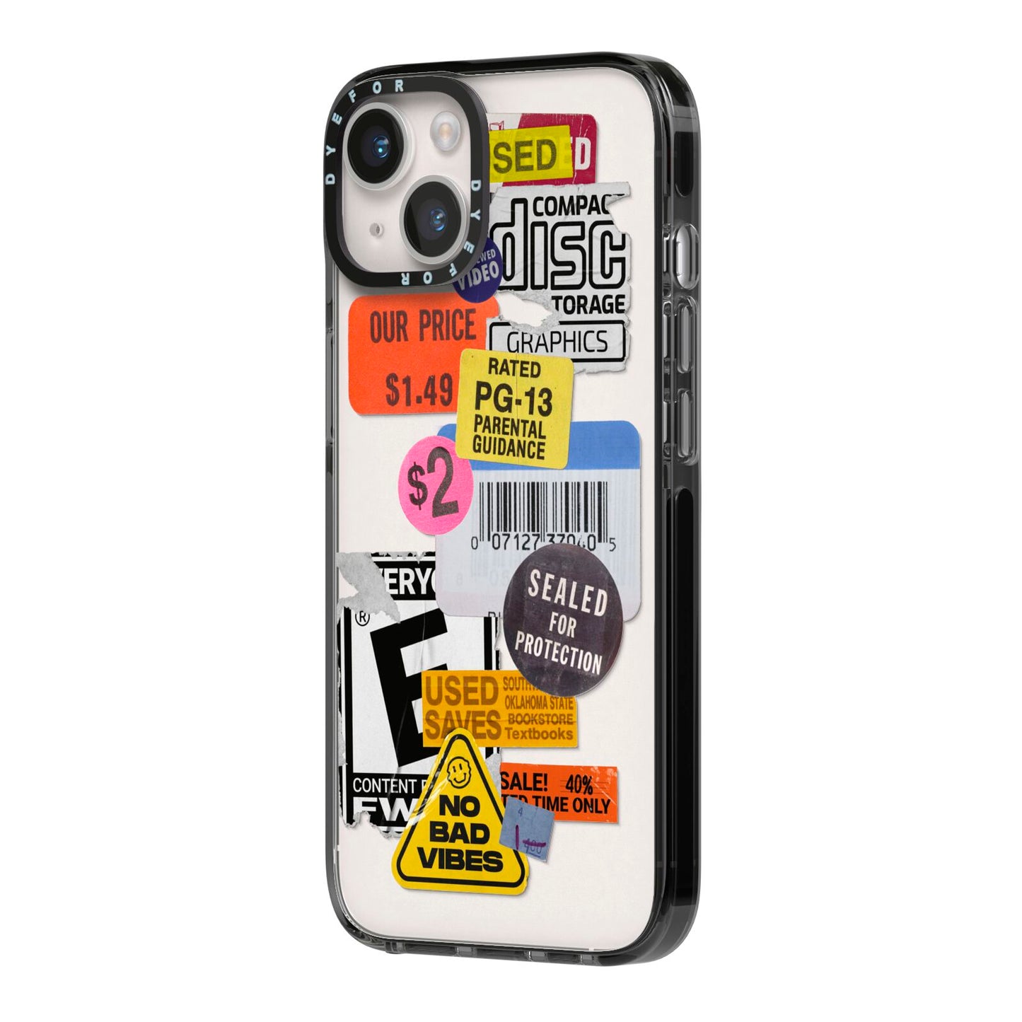 Vintage CD Stickers iPhone 14 Black Impact Case Side Angle on Silver phone