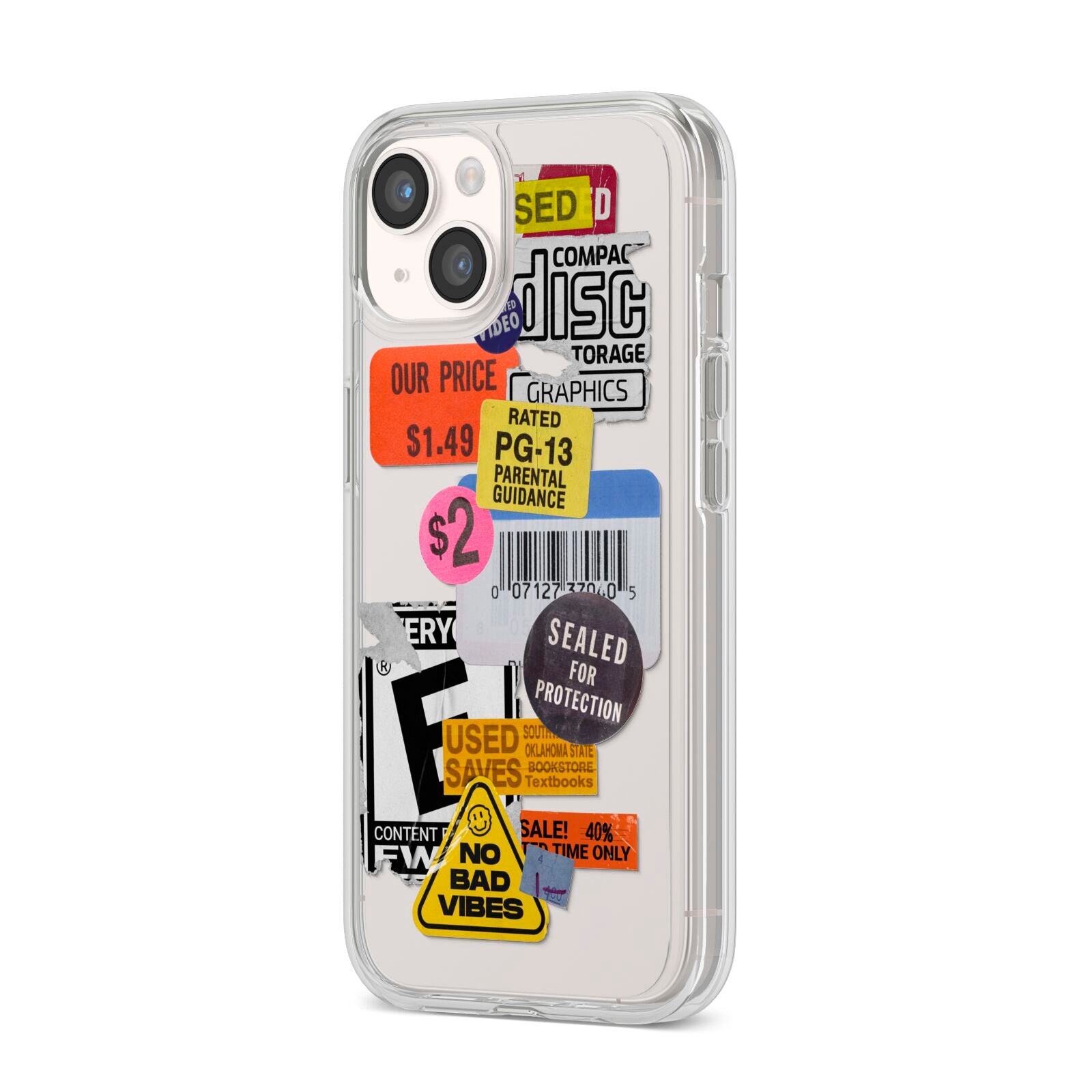 Vintage CD Stickers iPhone 14 Clear Tough Case Starlight Angled Image