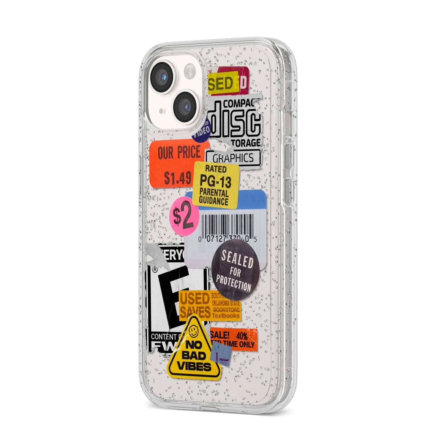 Vintage CD Stickers iPhone 14 Glitter Tough Case Starlight Angled Image