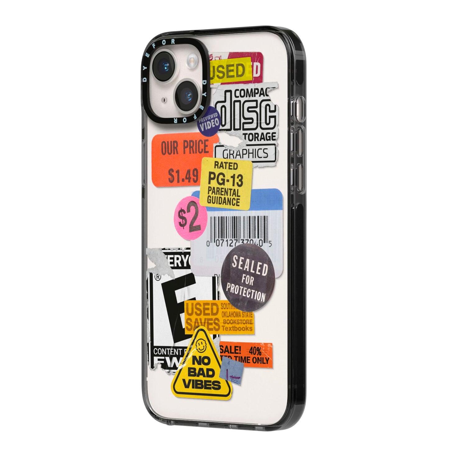 Vintage CD Stickers iPhone 14 Plus Black Impact Case Side Angle on Silver phone