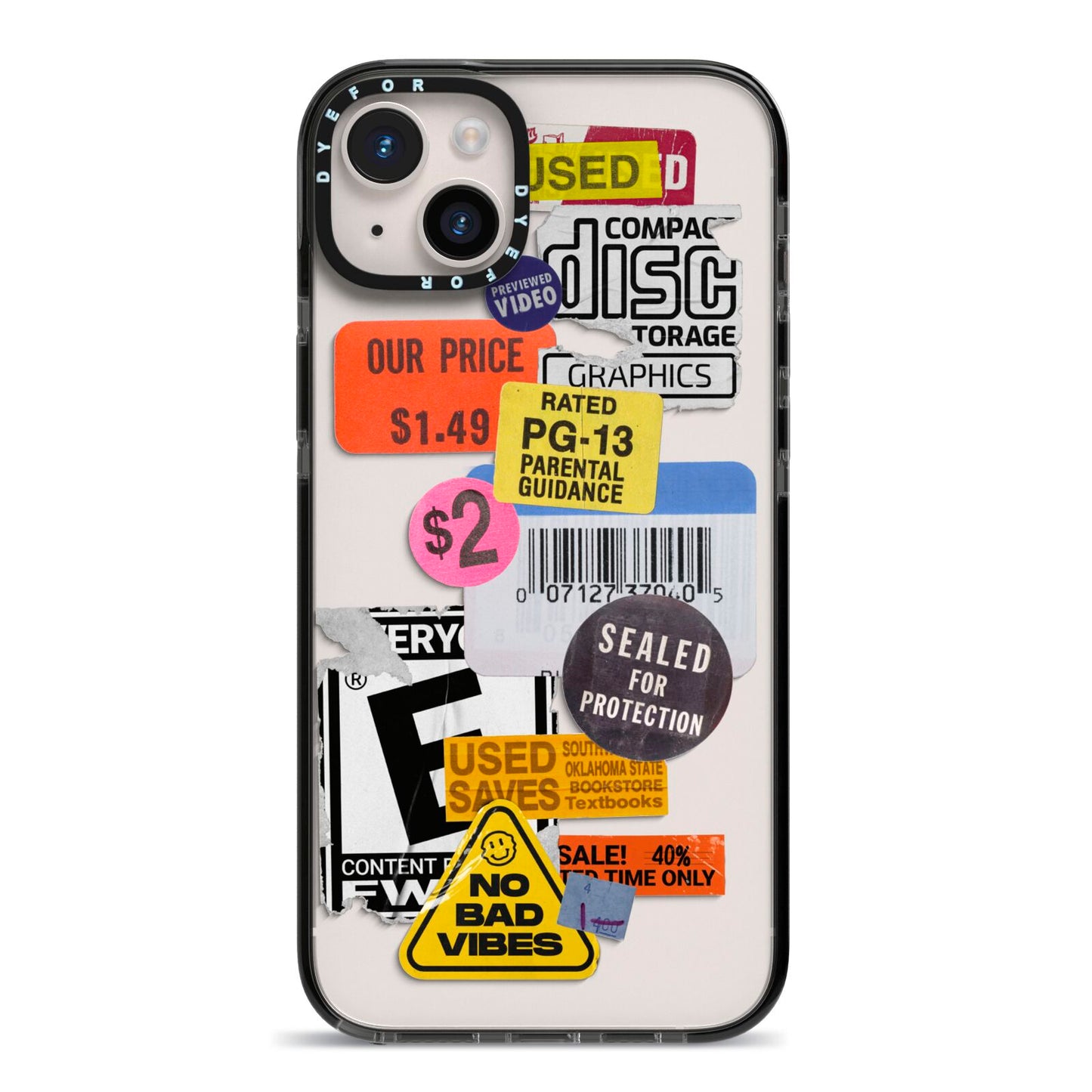 Vintage CD Stickers iPhone 14 Plus Black Impact Case on Silver phone