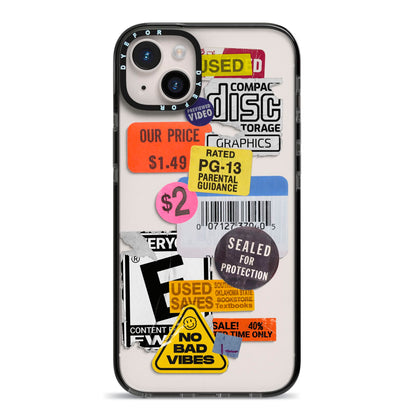 Vintage CD Stickers iPhone 14 Plus Black Impact Case on Silver phone