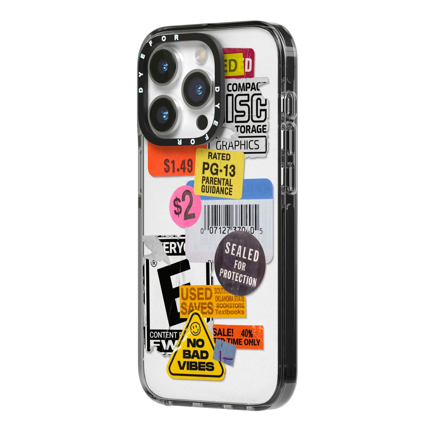 Vintage CD Stickers iPhone 14 Pro Black Impact Case Side Angle on Silver phone