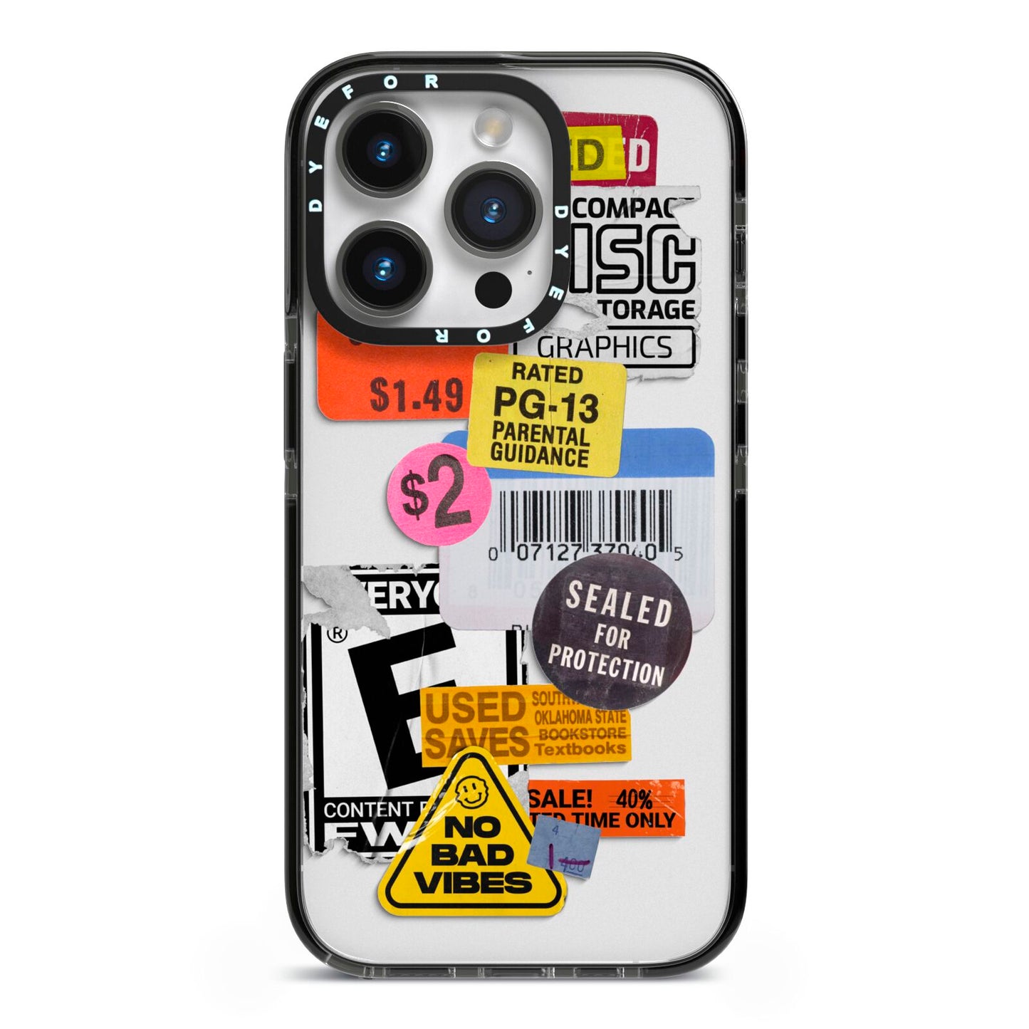 Vintage CD Stickers iPhone 14 Pro Black Impact Case on Silver phone