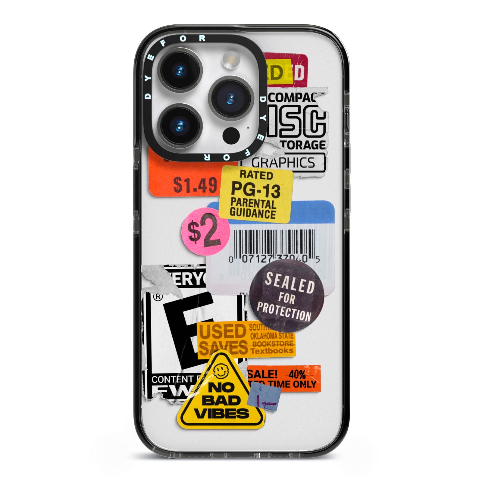 Vintage CD Stickers iPhone 14 Pro Black Impact Case on Silver phone