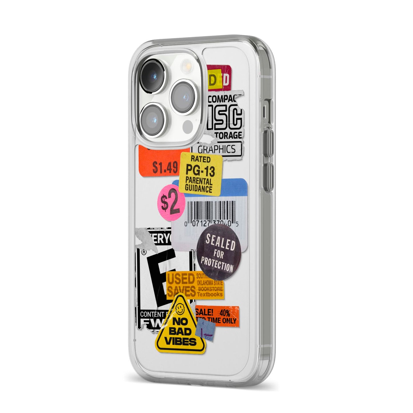 Vintage CD Stickers iPhone 14 Pro Clear Tough Case Silver Angled Image