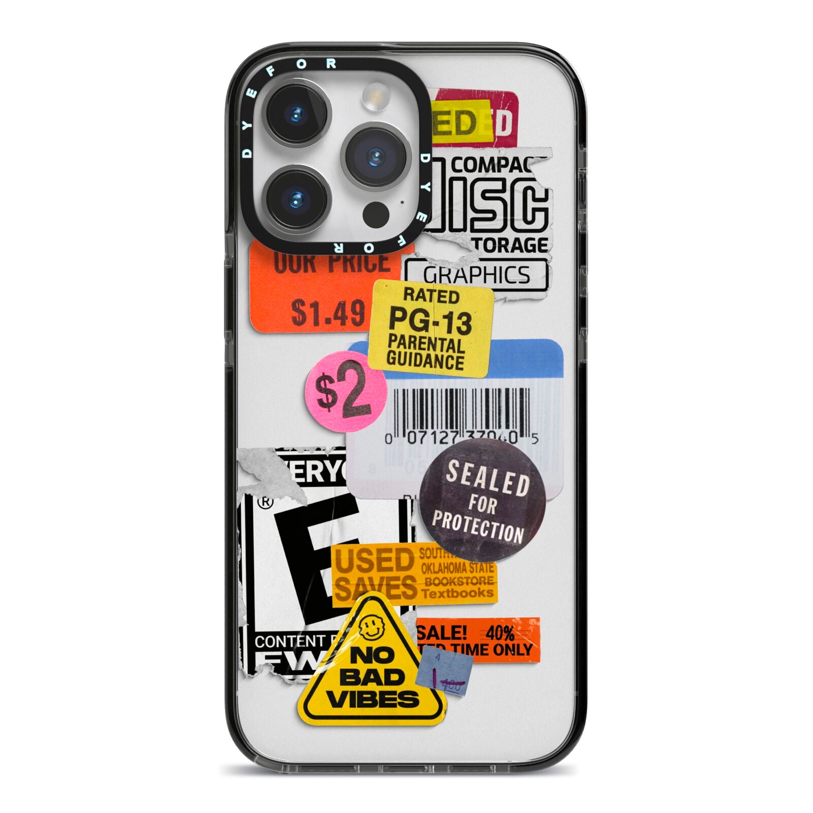 Vintage CD Stickers iPhone 14 Pro Max Black Impact Case on Silver phone