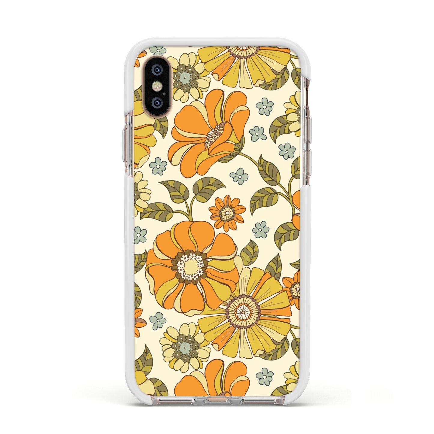 Vintage Floral Apple iPhone Xs Impact Case White Edge on Gold Phone