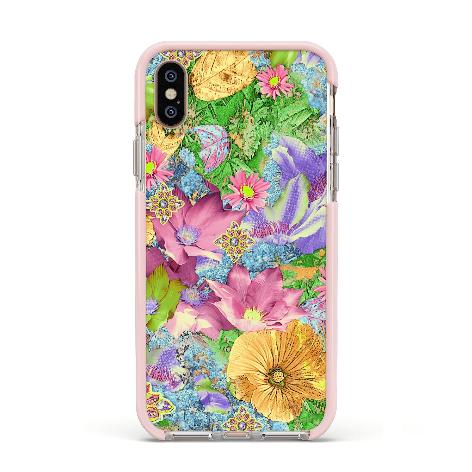 Vintage Floral Pattern Apple iPhone Xs Impact Case Pink Edge on Gold Phone