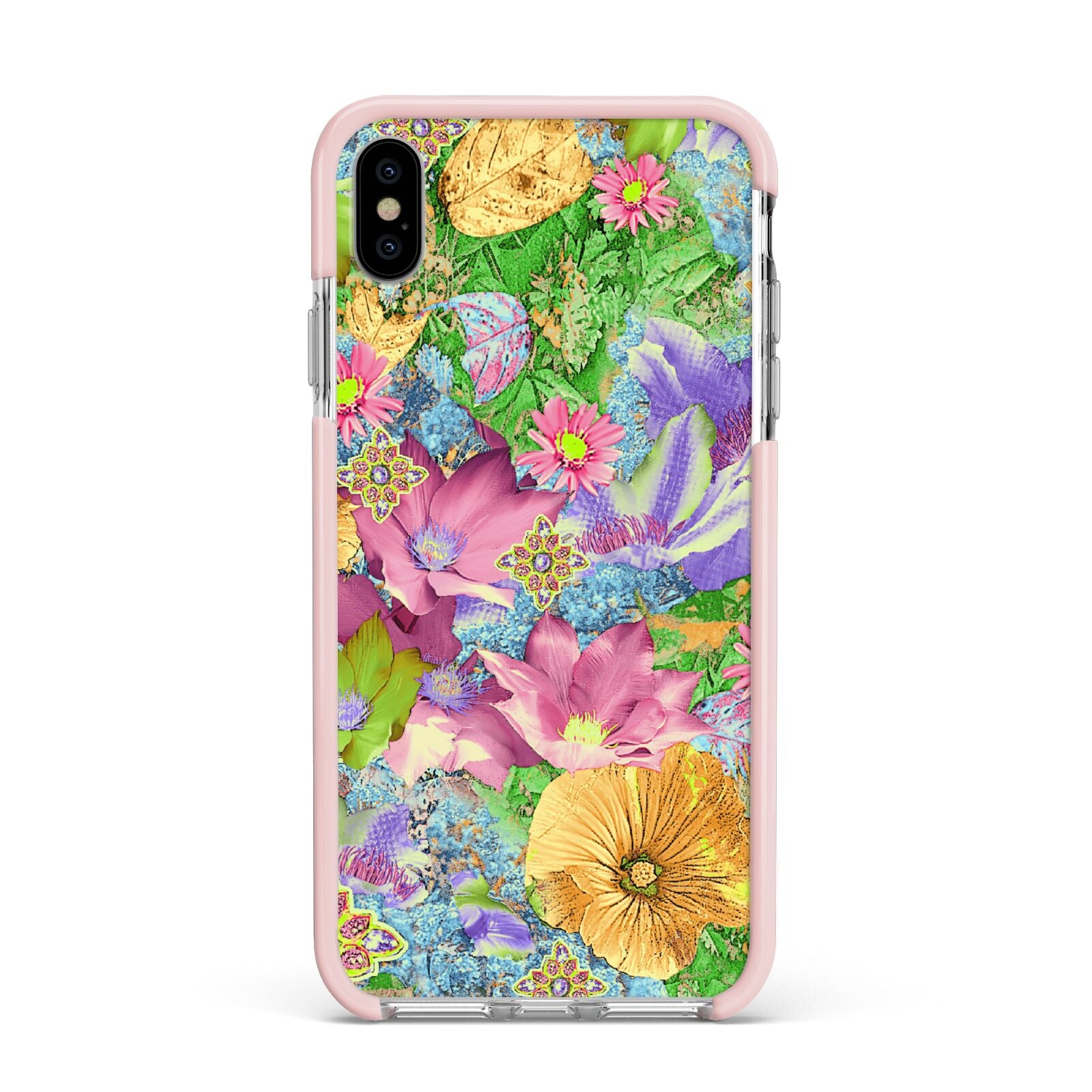Vintage Floral Pattern Apple iPhone Xs Max Impact Case Pink Edge on Silver Phone