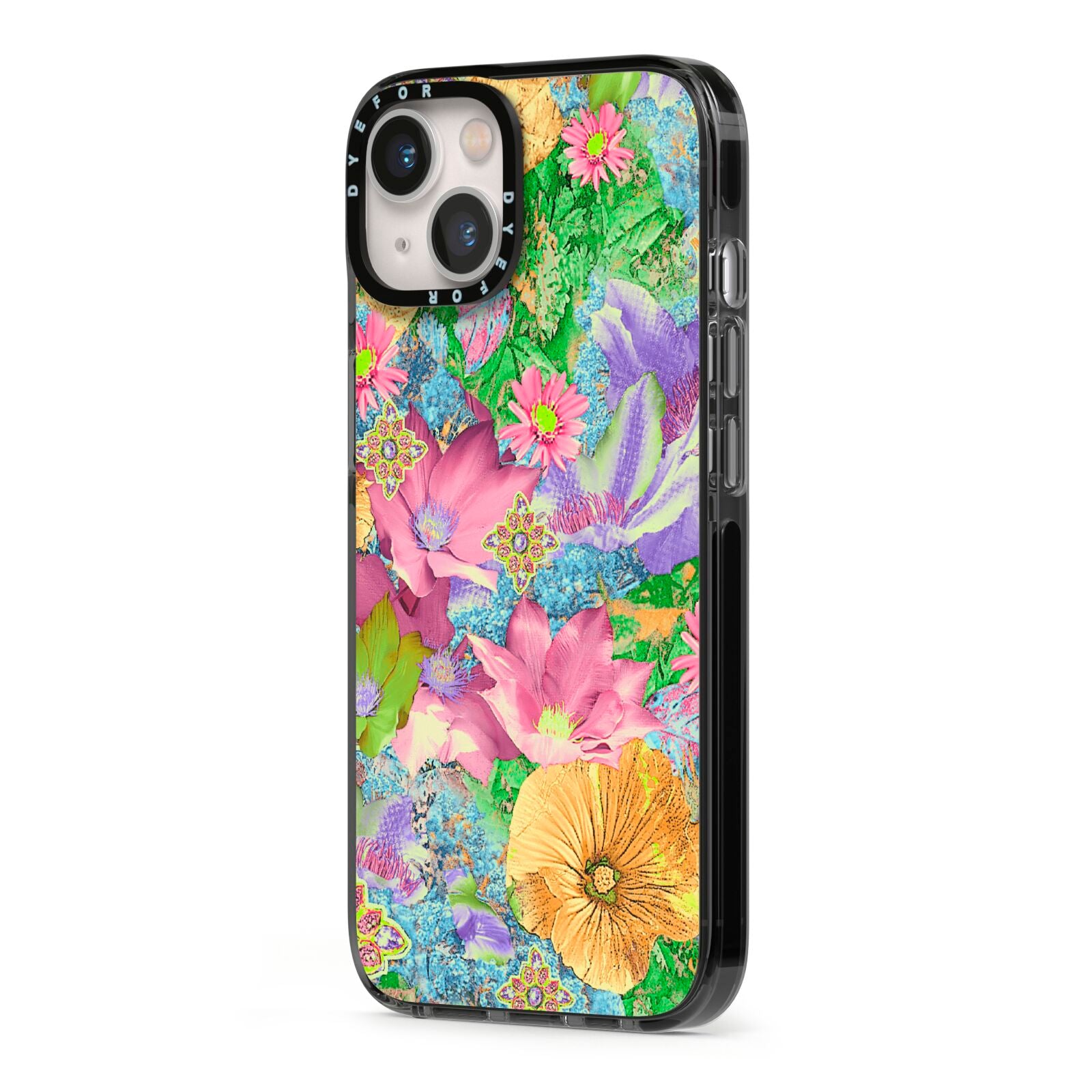 Vintage Floral Pattern iPhone 13 Black Impact Case Side Angle on Silver phone